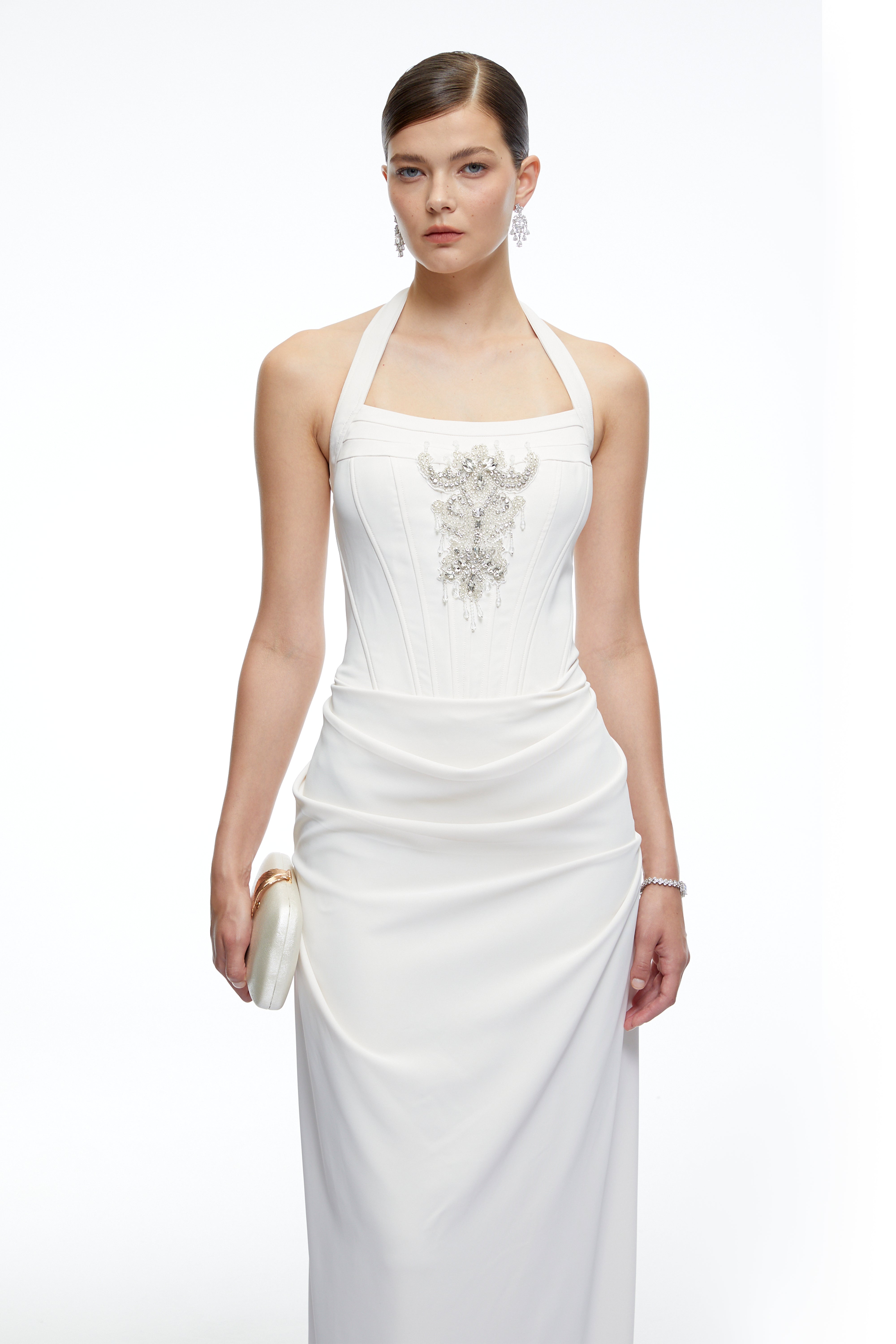 Eliane White Halterneck Embellished Maxi Dress