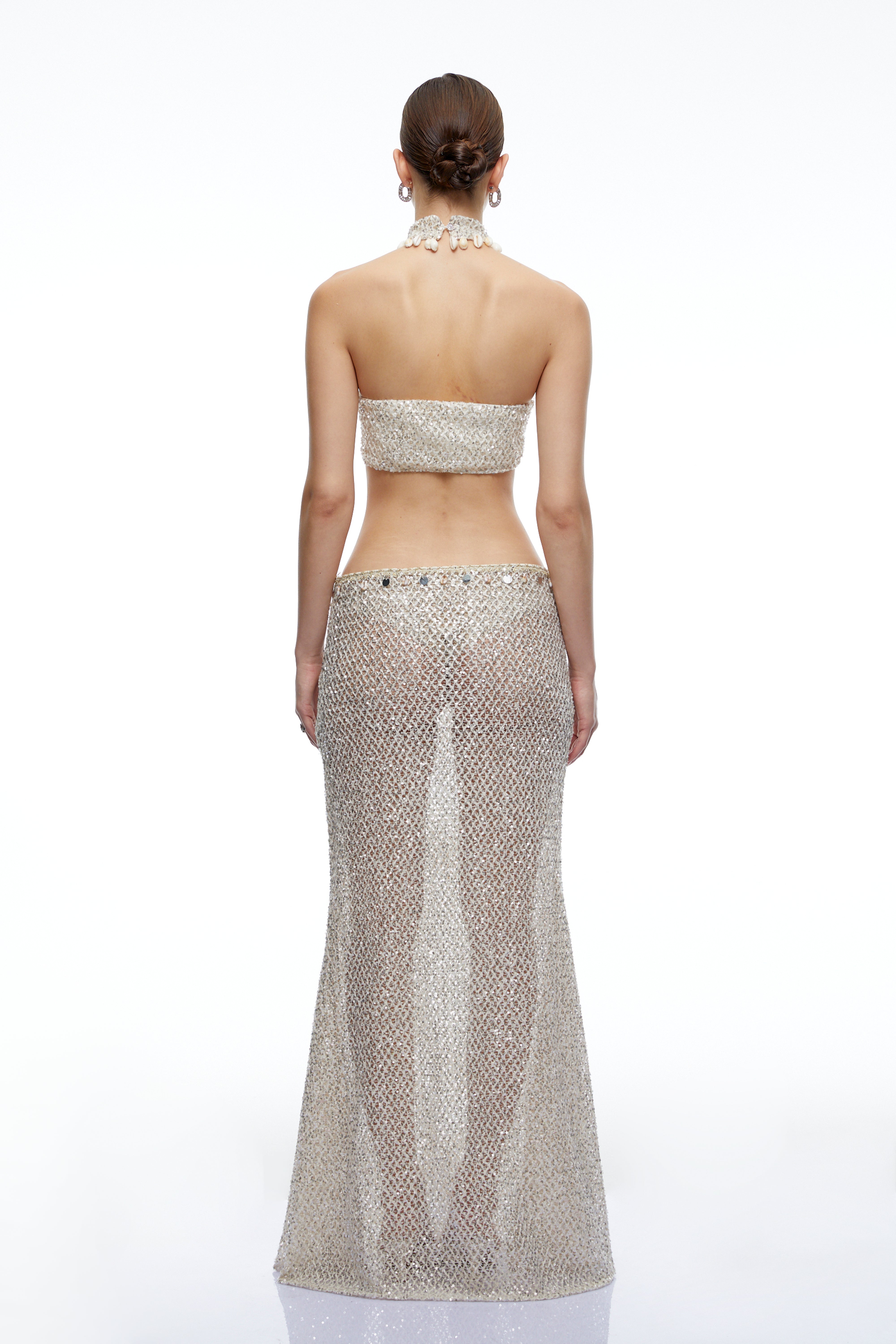 Elina Beige Halterneck Crop Top & Skirt Set with Rhinestones