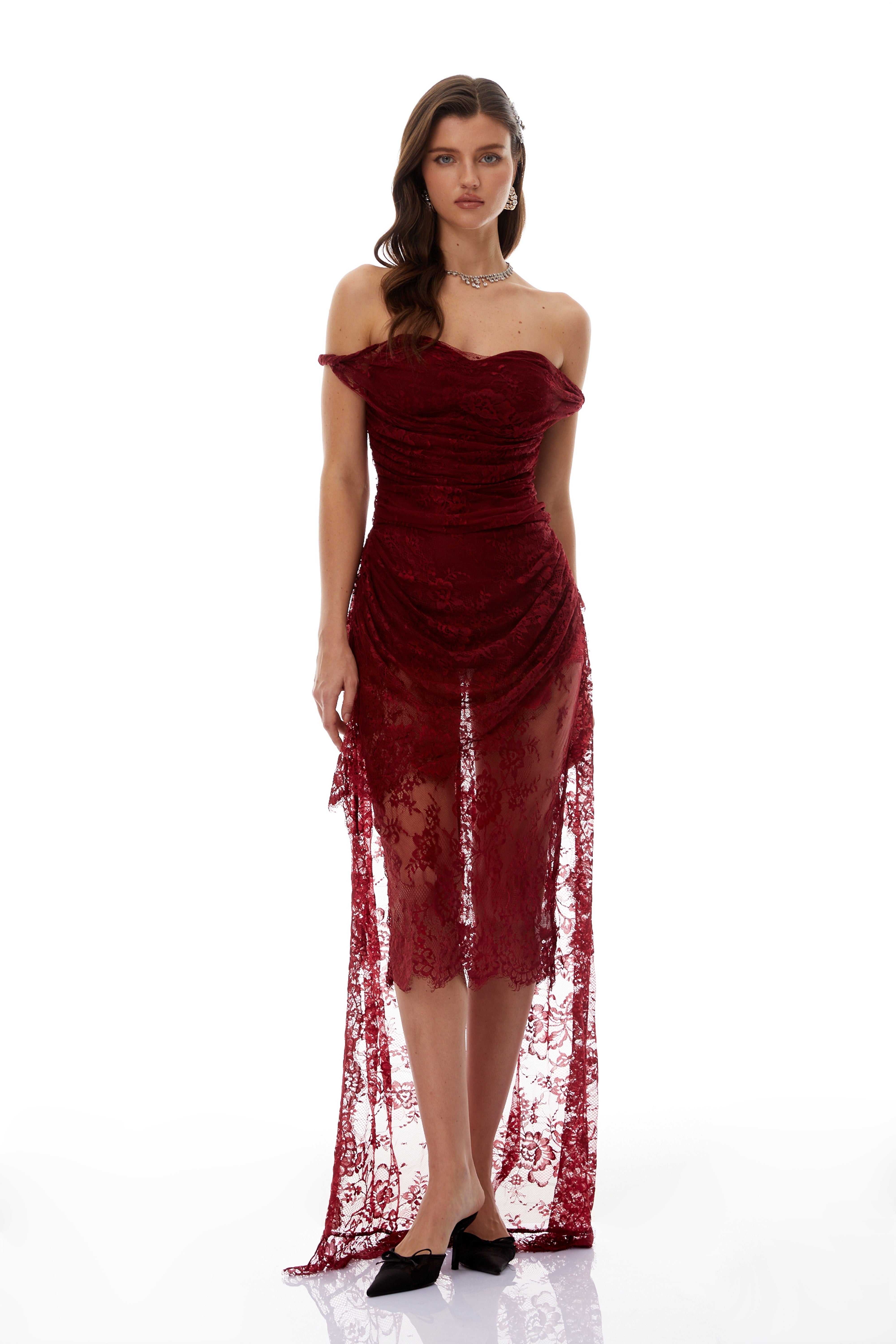 Eline Burgundy Ruched Floral Lace Gown (Final Sale-US Only)