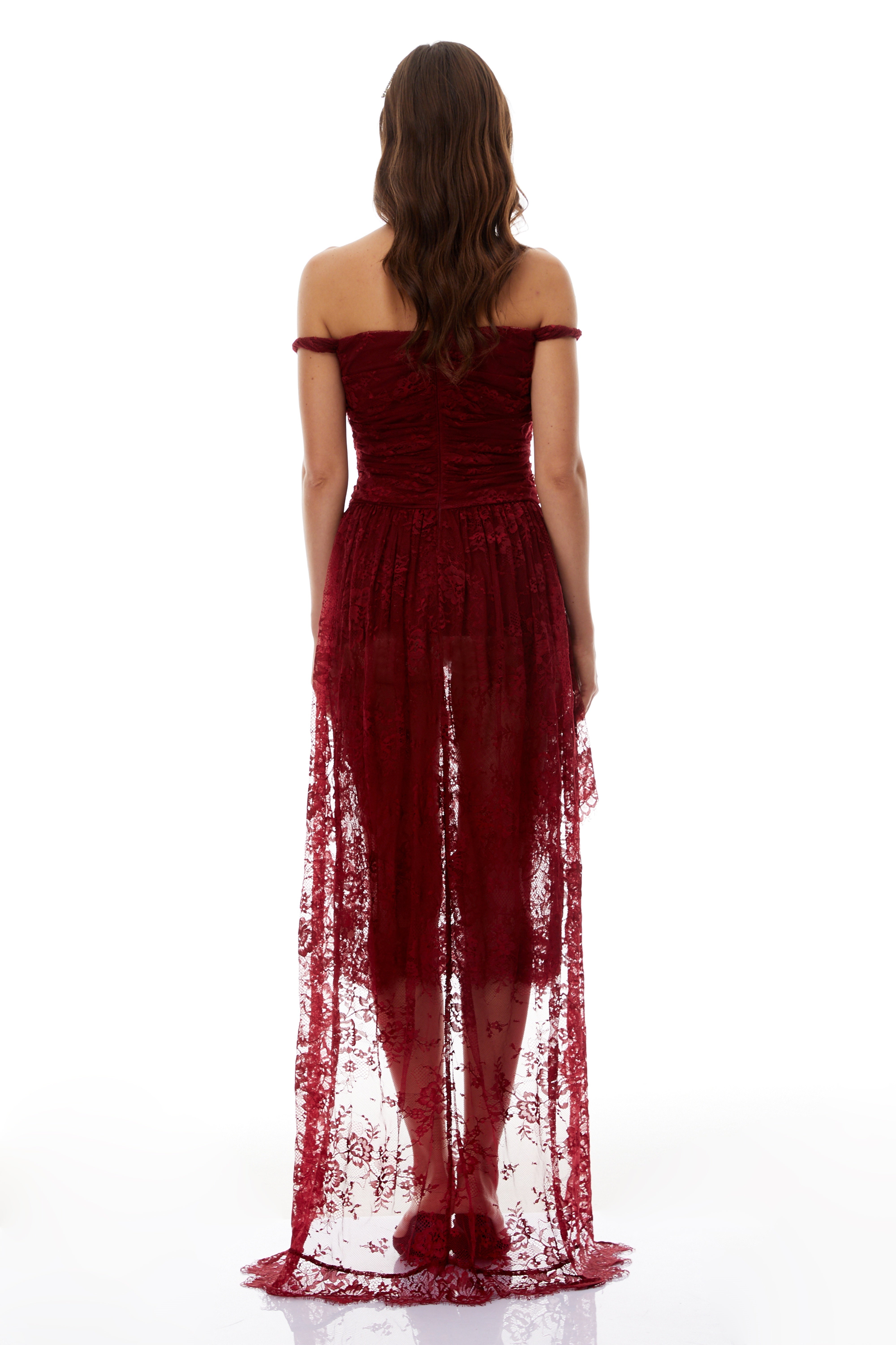 Eline Burgundy Ruched Floral Lace Gown (Final Sale-US Only)