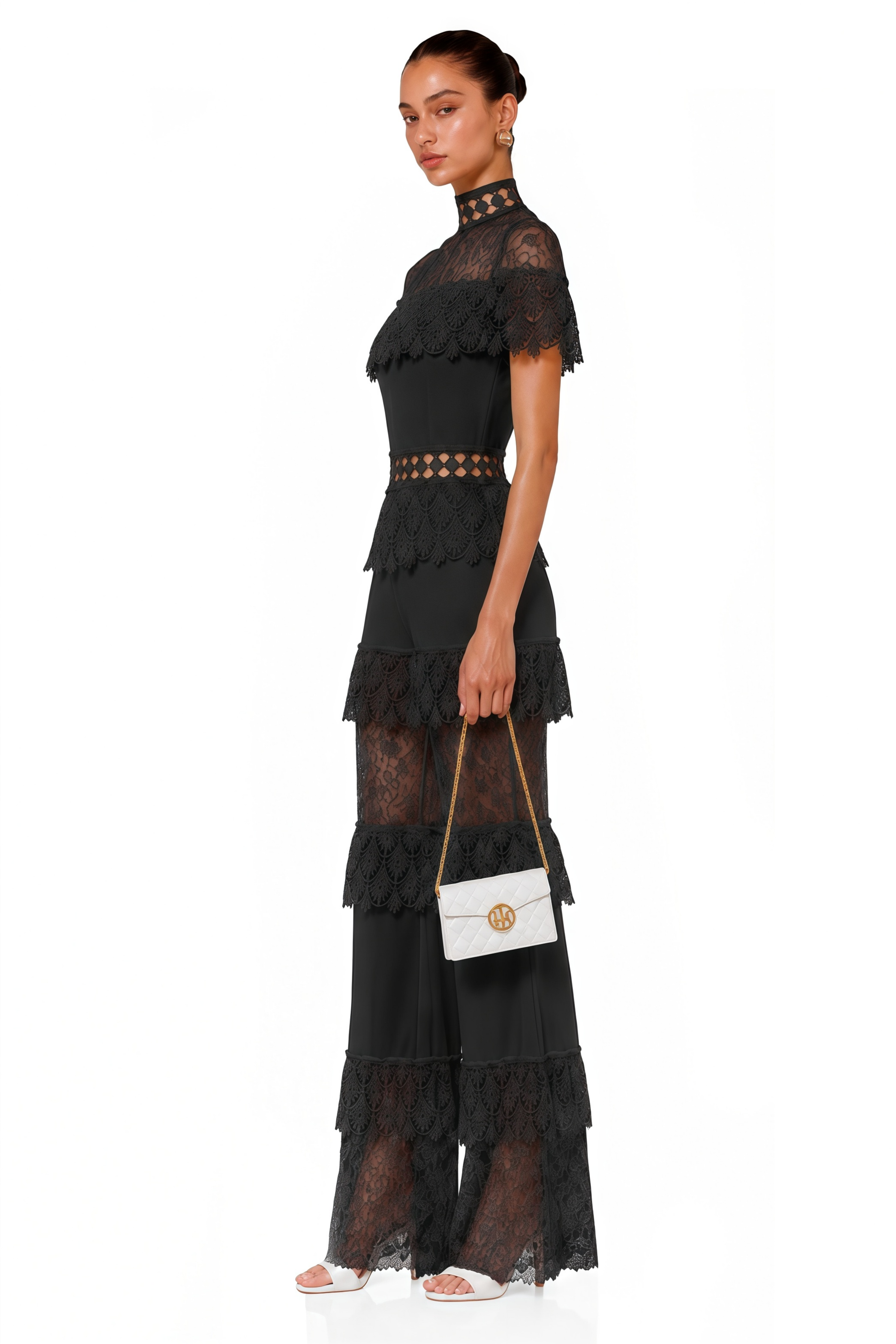 Eliska Black Lace High Neck Tiered Jumpsuit