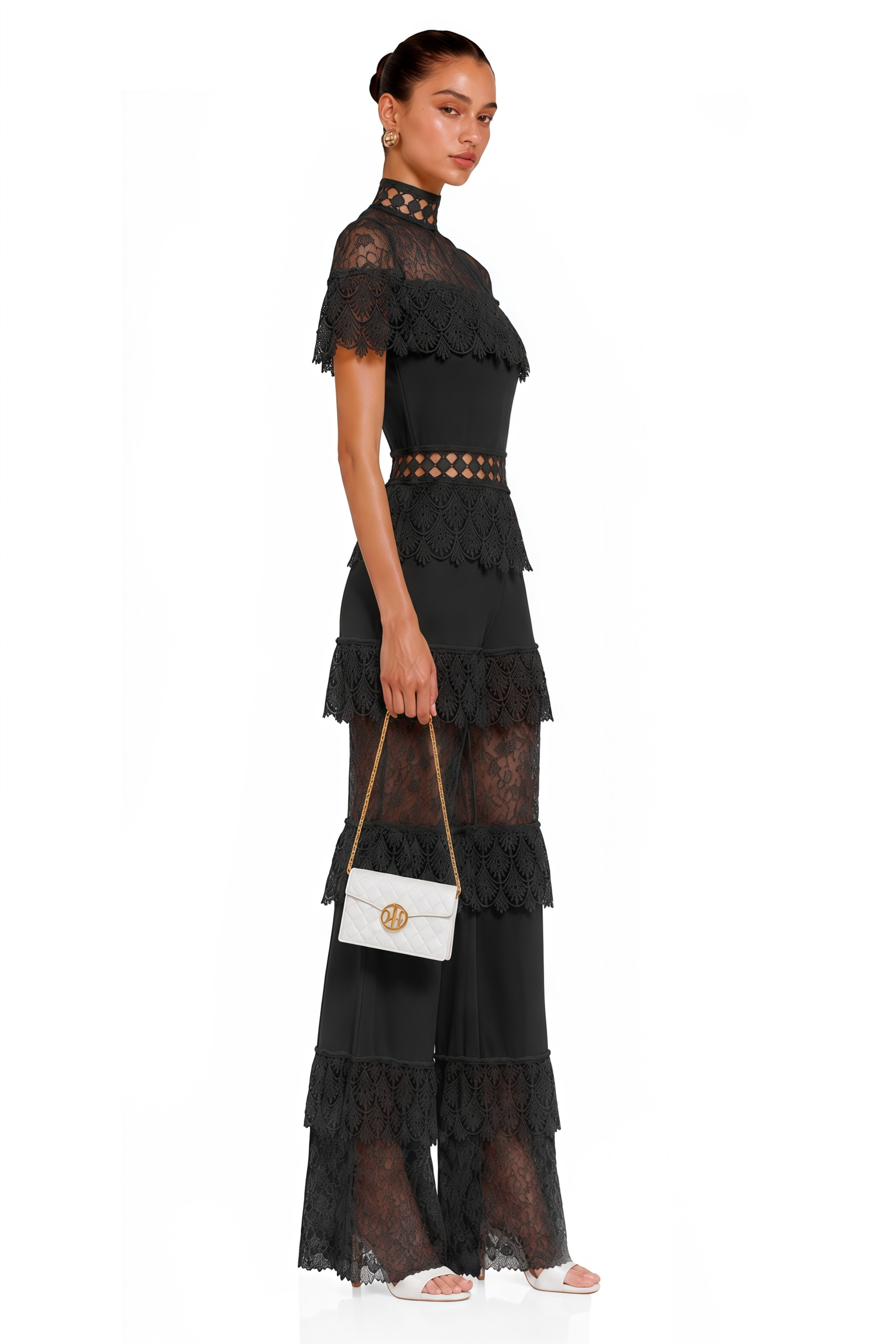 Eliska Black Lace High Neck Tiered Jumpsuit