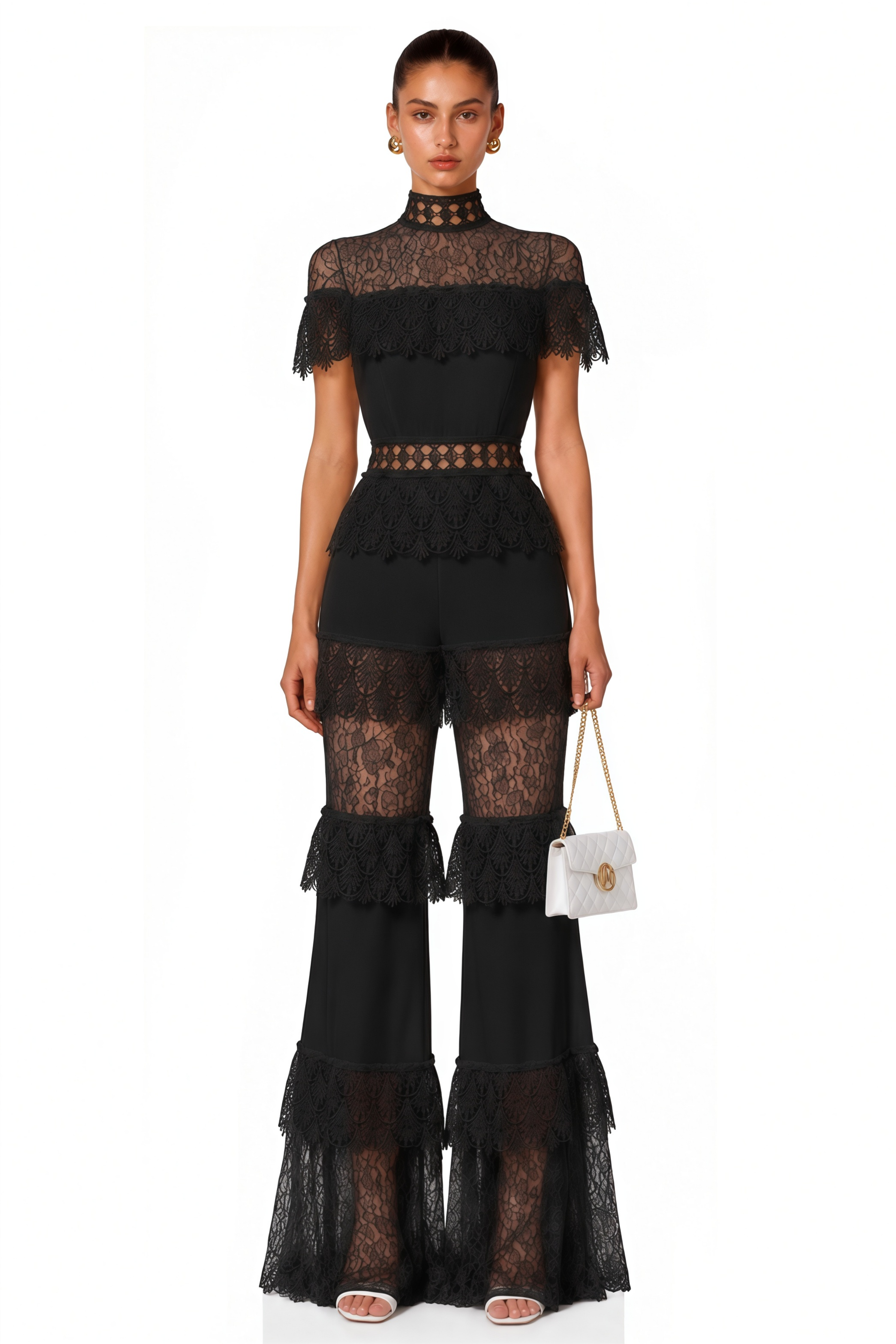 Eliska Black Lace High Neck Tiered Jumpsuit