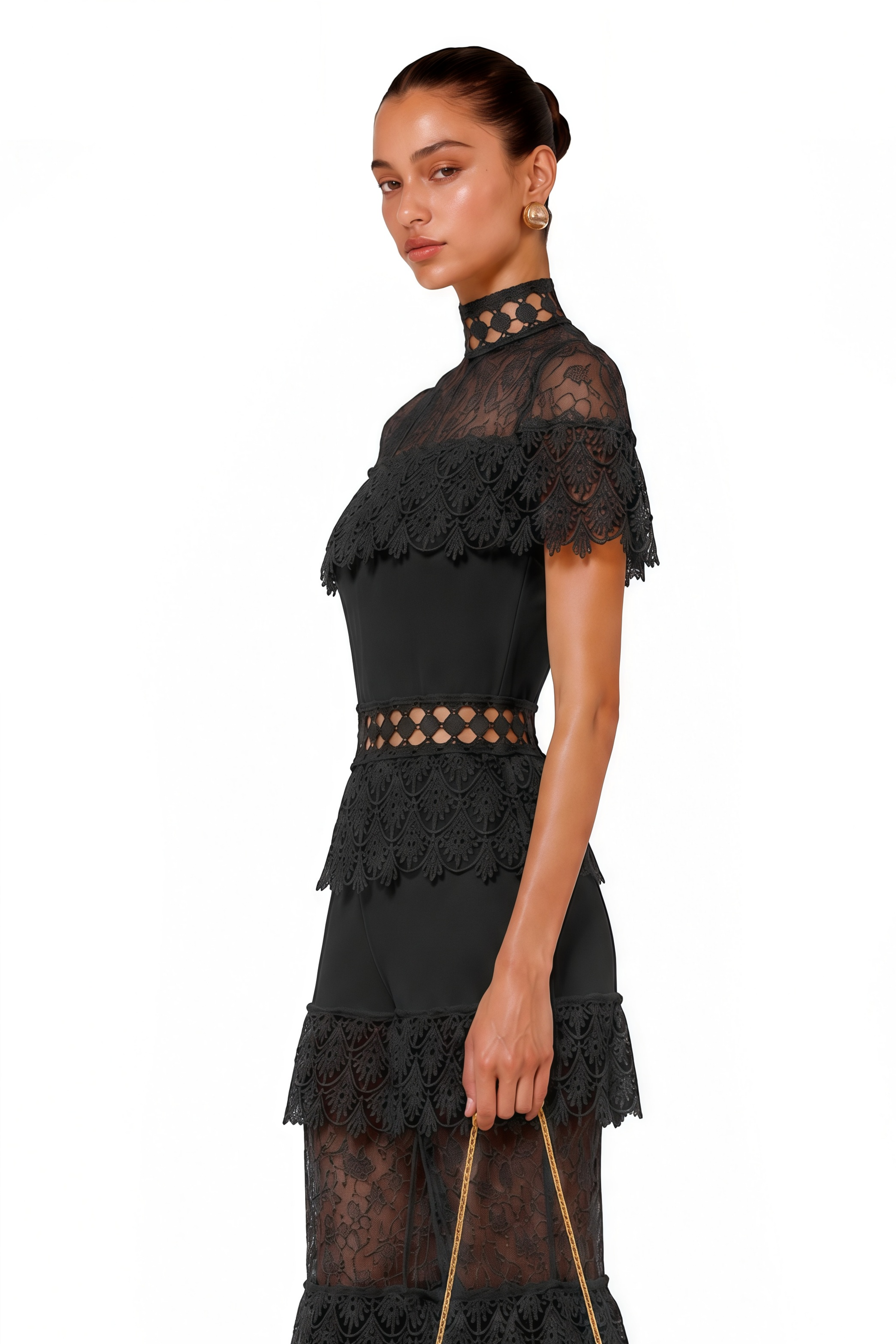 Eliska Black Lace High Neck Tiered Jumpsuit