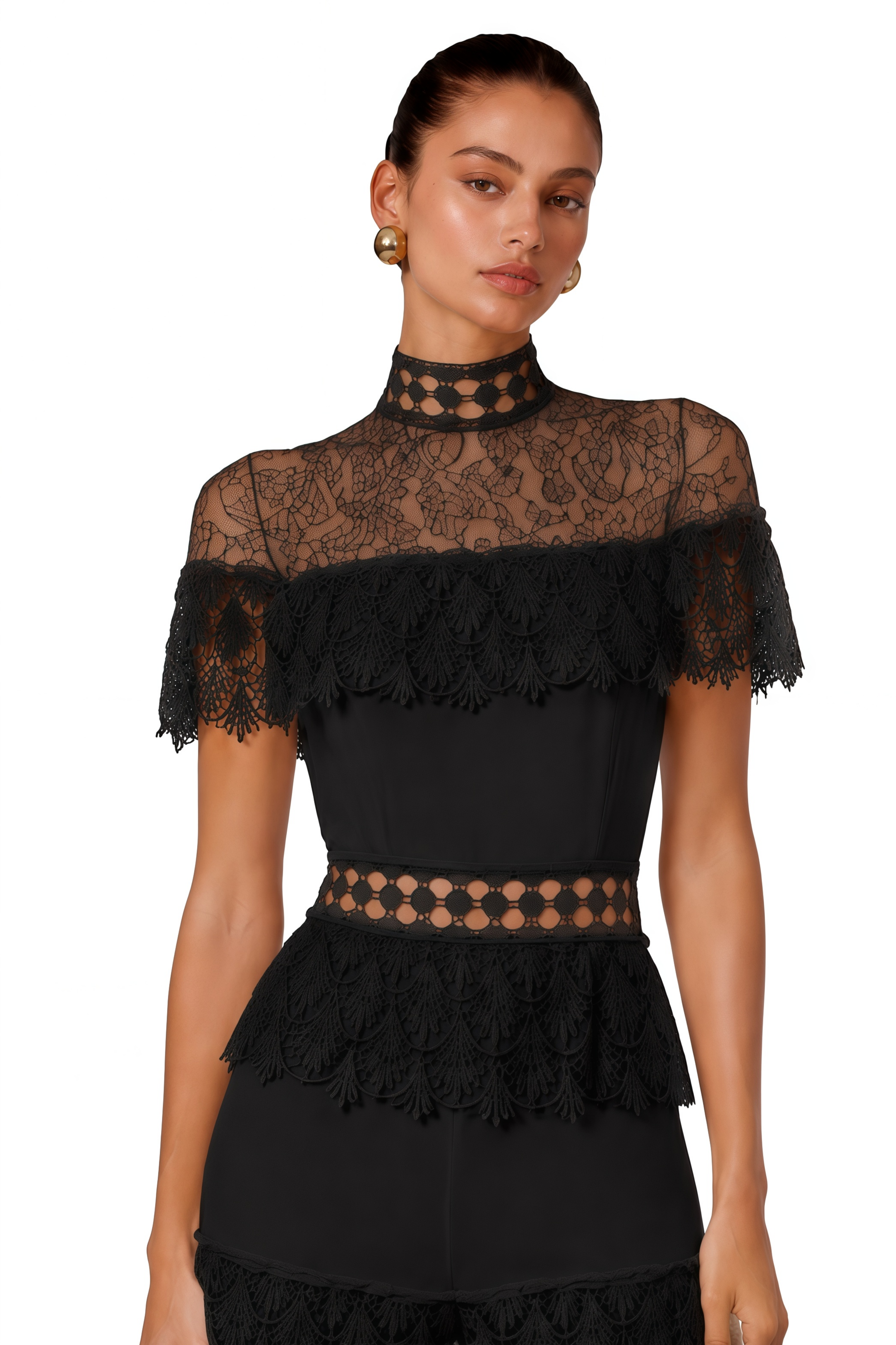 Eliska Black Lace High Neck Tiered Jumpsuit