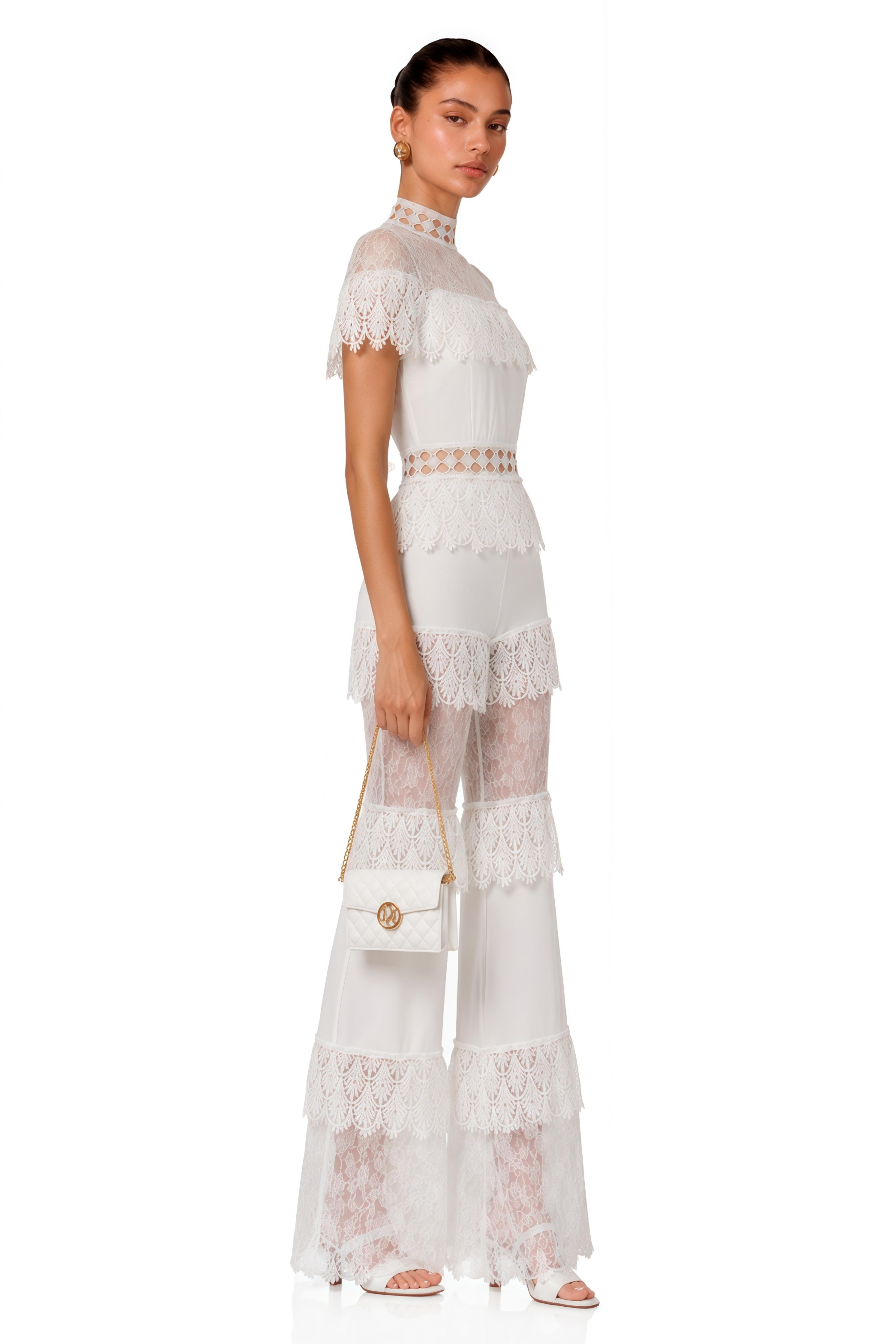 Eliska White Lace High Neck Tiered Jumpsuit