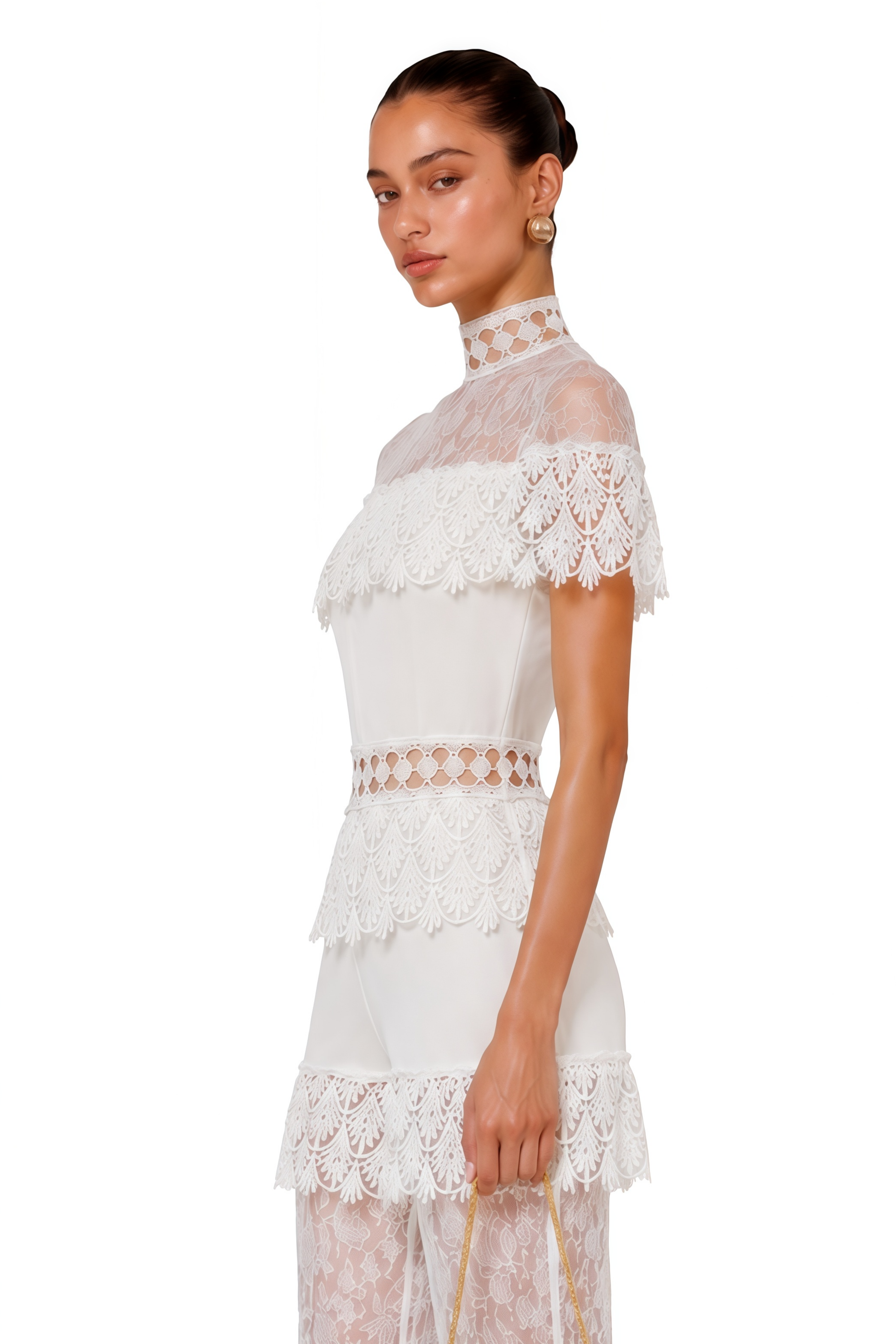 Eliska White Lace High Neck Tiered Jumpsuit