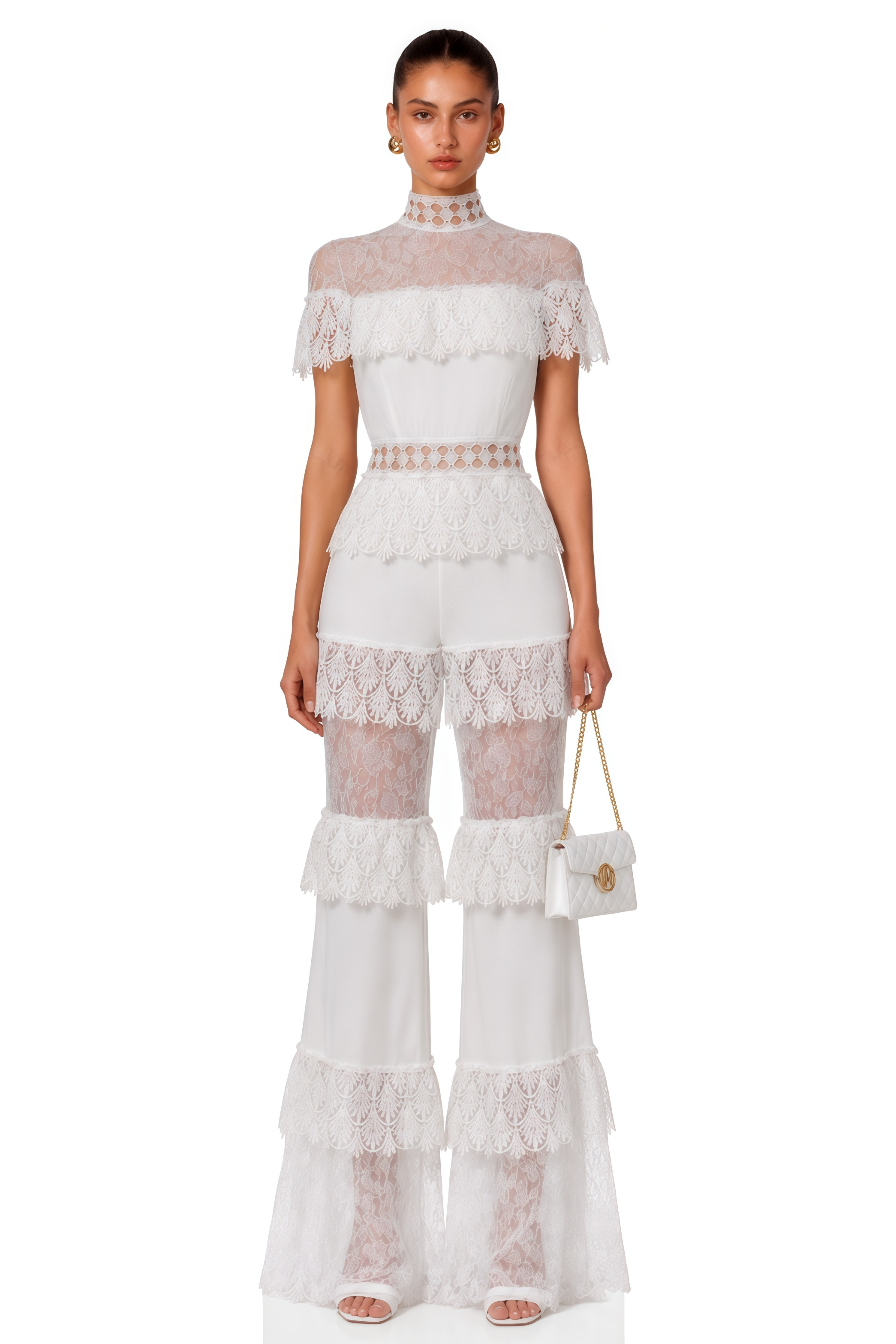 Eliska White Lace High Neck Tiered Jumpsuit