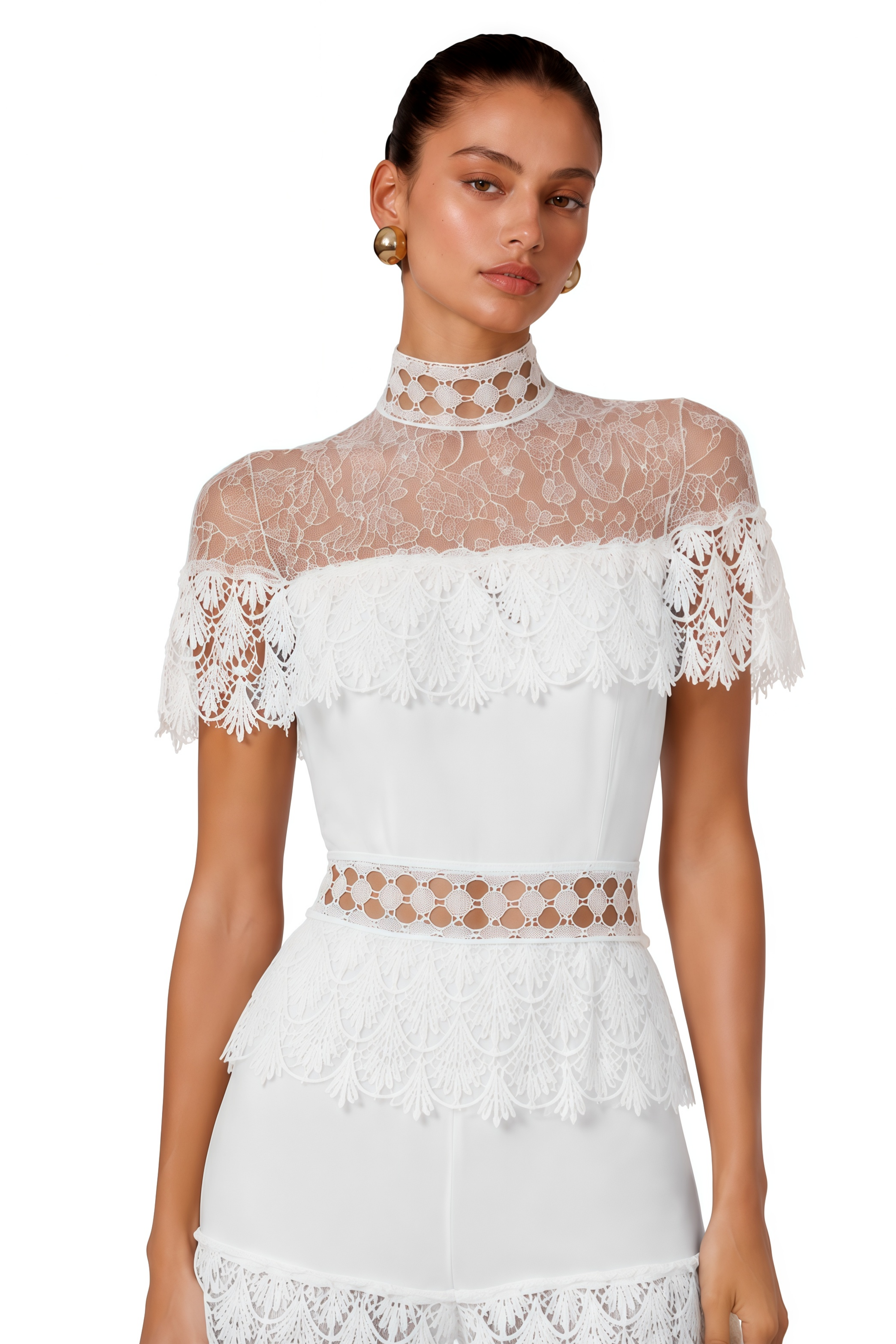 Eliska White Lace High Neck Tiered Jumpsuit