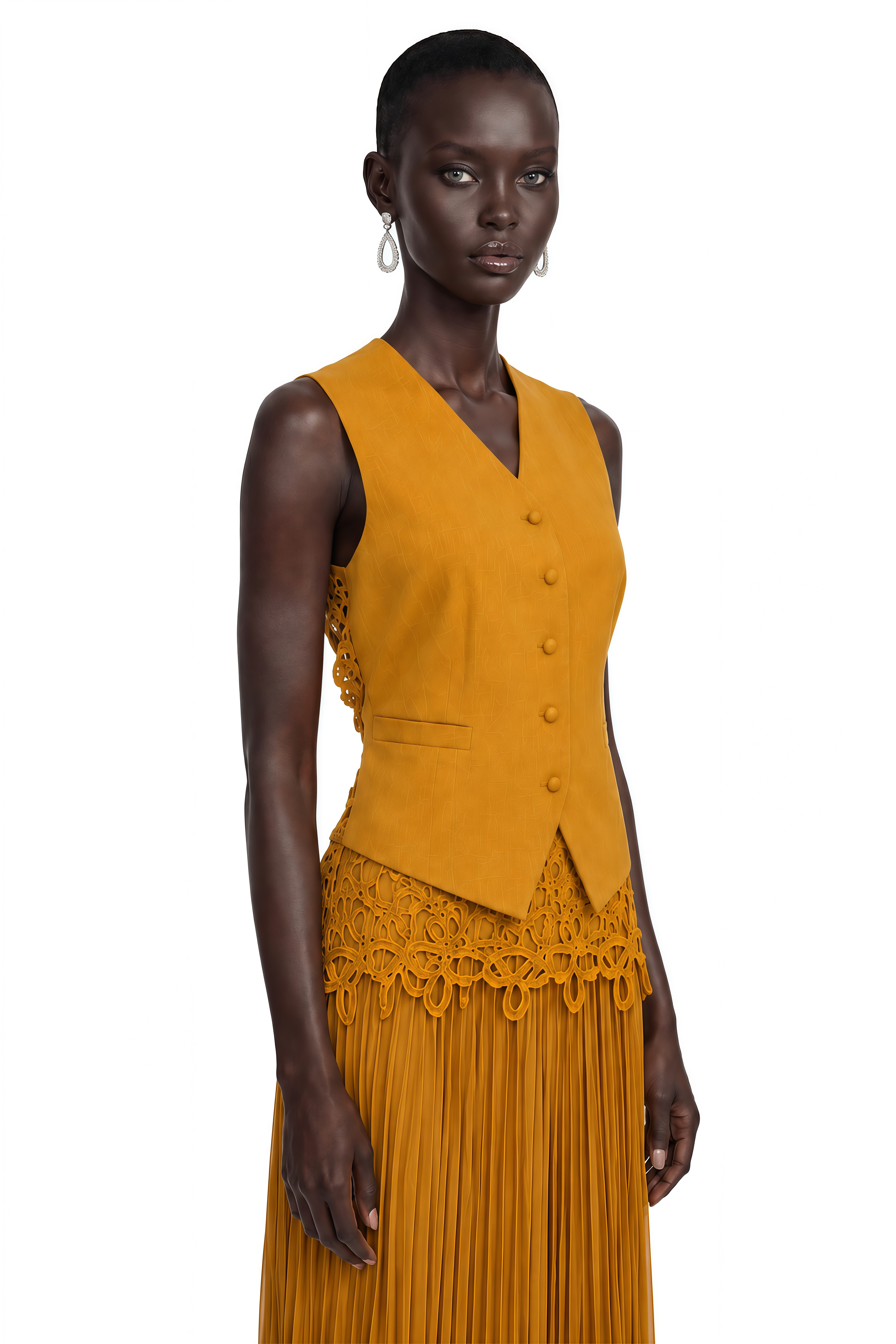 Elmas Khaki Lace Top & Pleated Skirt Set