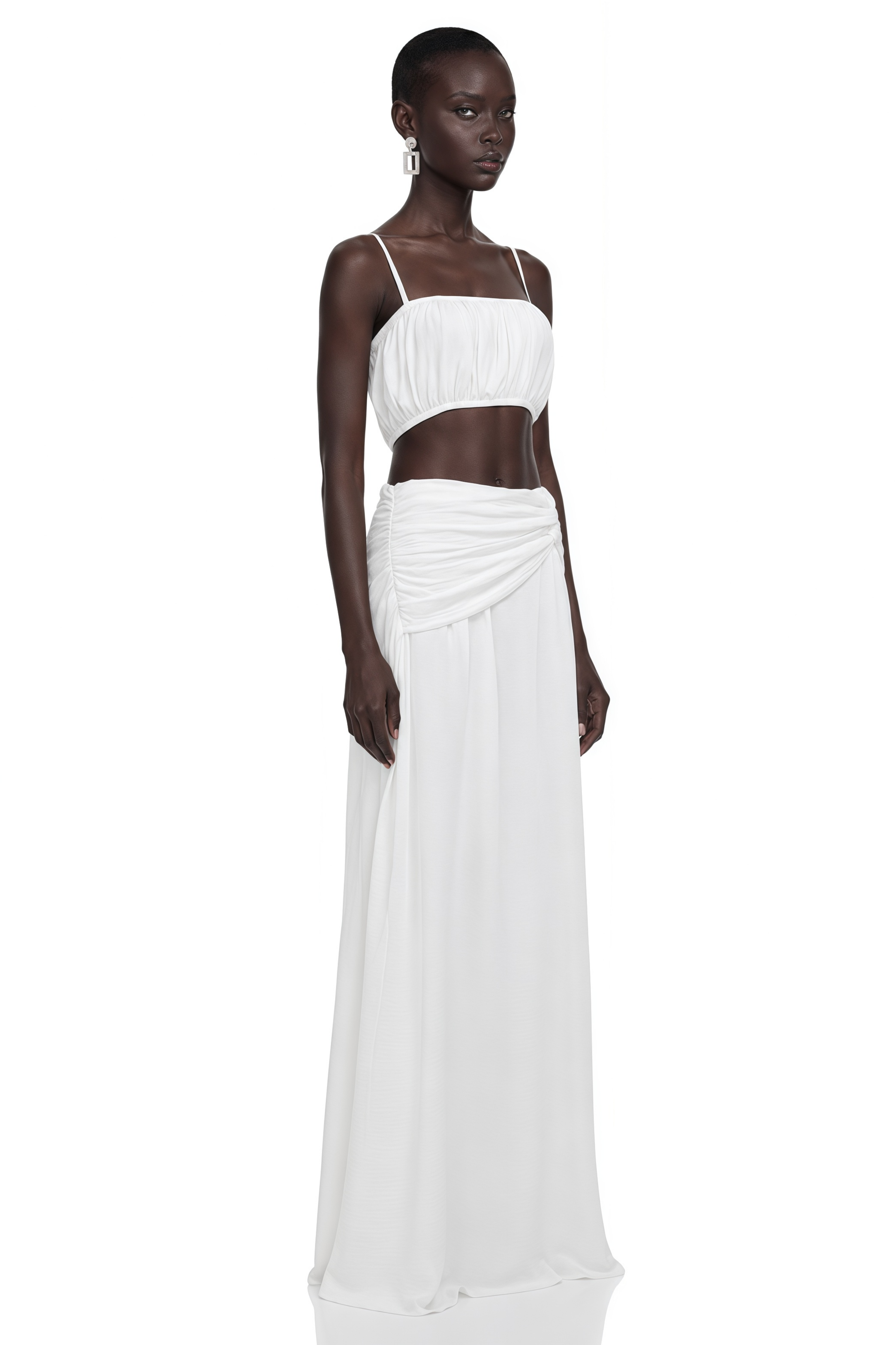 Elodie White Ruched Crop Top & Draped Skirt Set