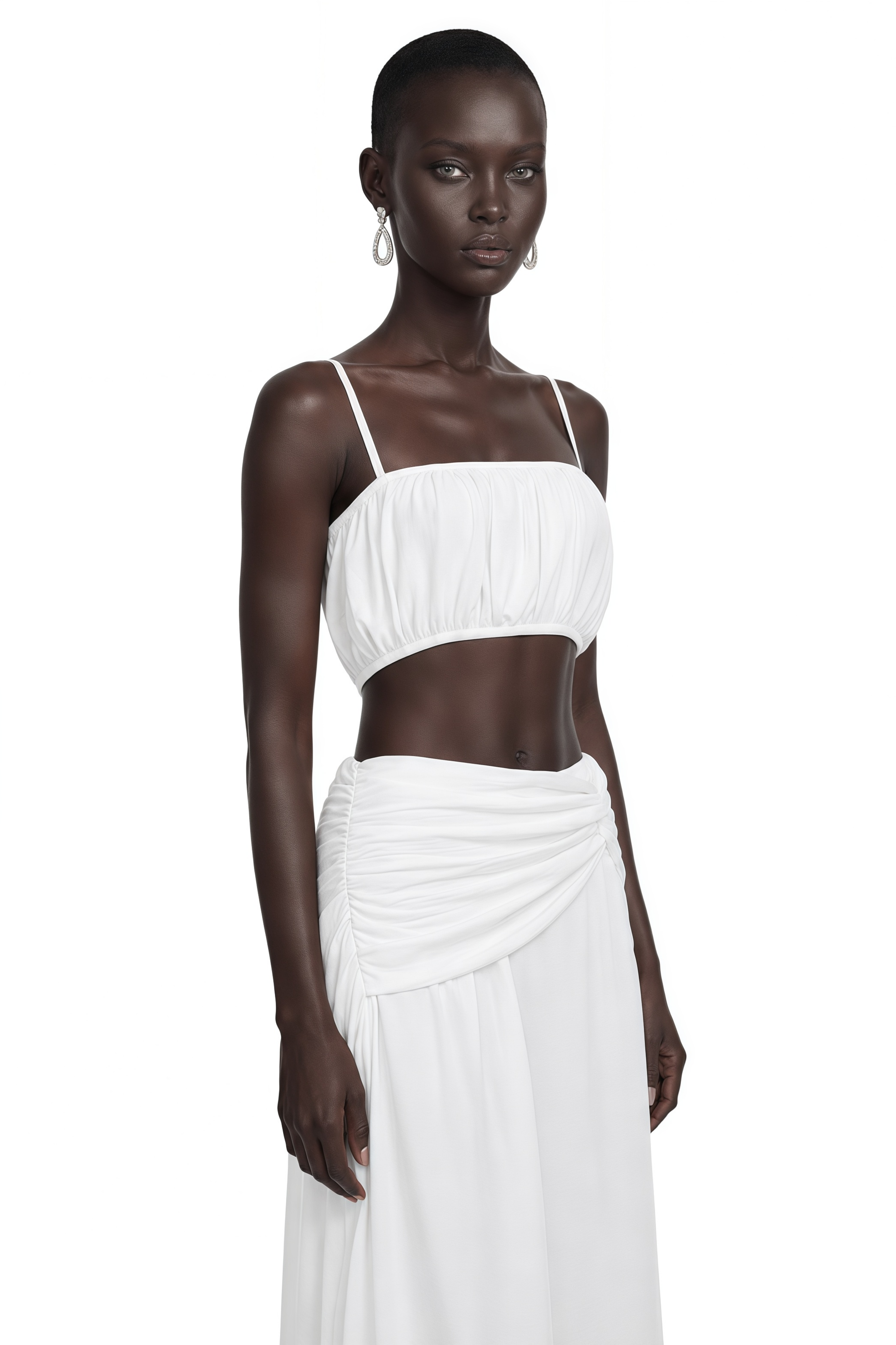 Elodie White Ruched Crop Top & Draped Skirt Set