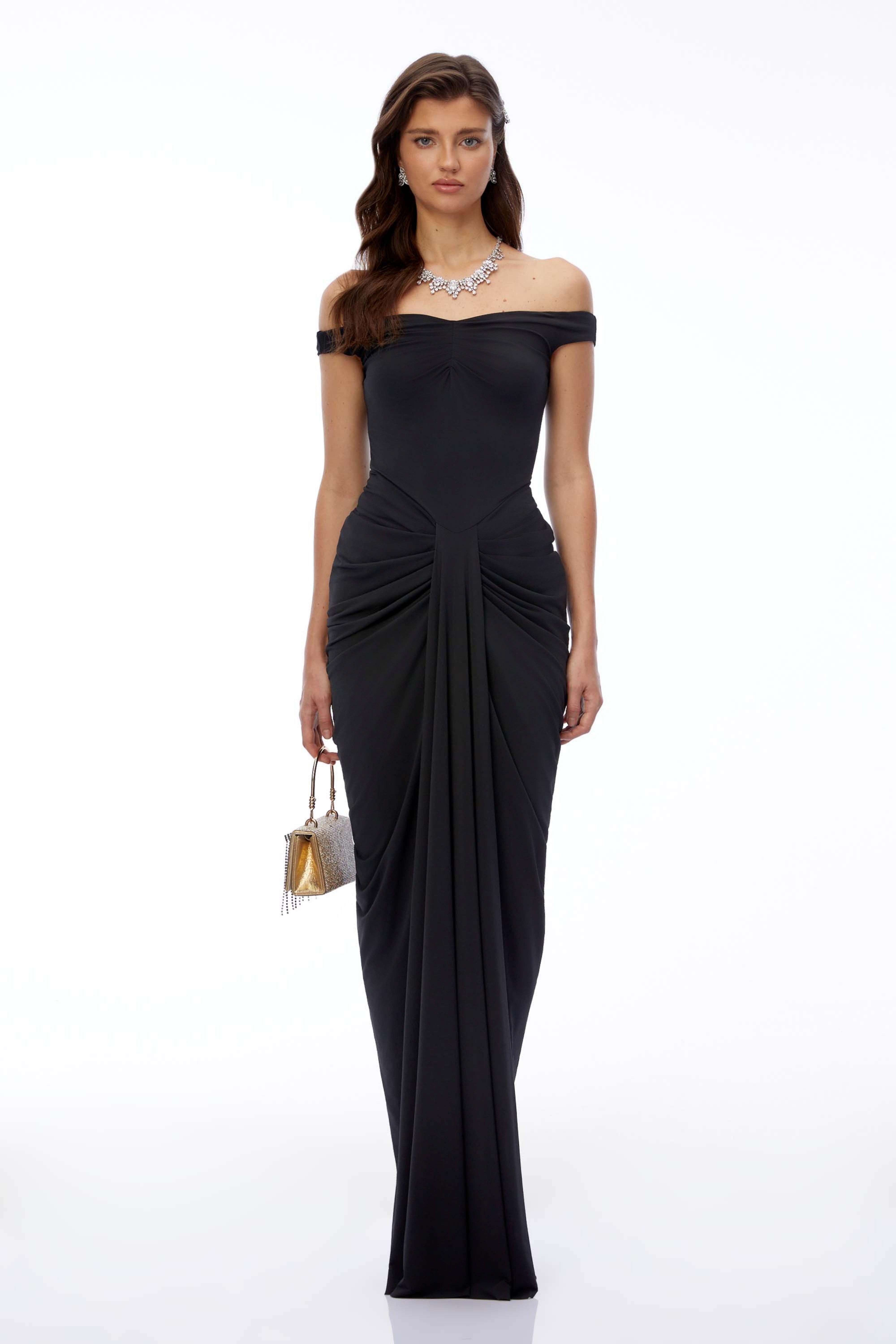 Robe longue froncée à épaules dénudées Eloise Black
