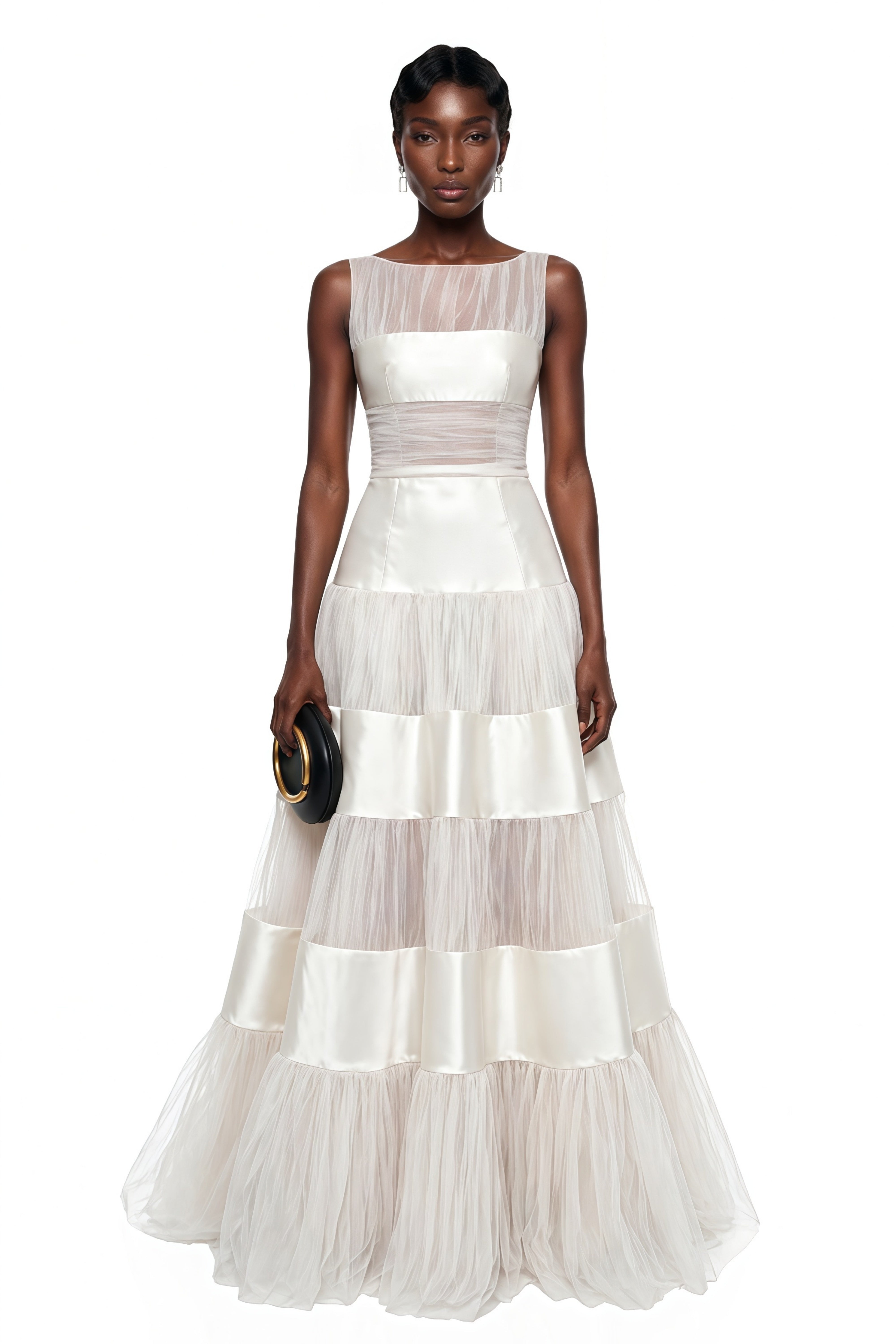 White tiered gown with alternating satin and pleated tulle bands