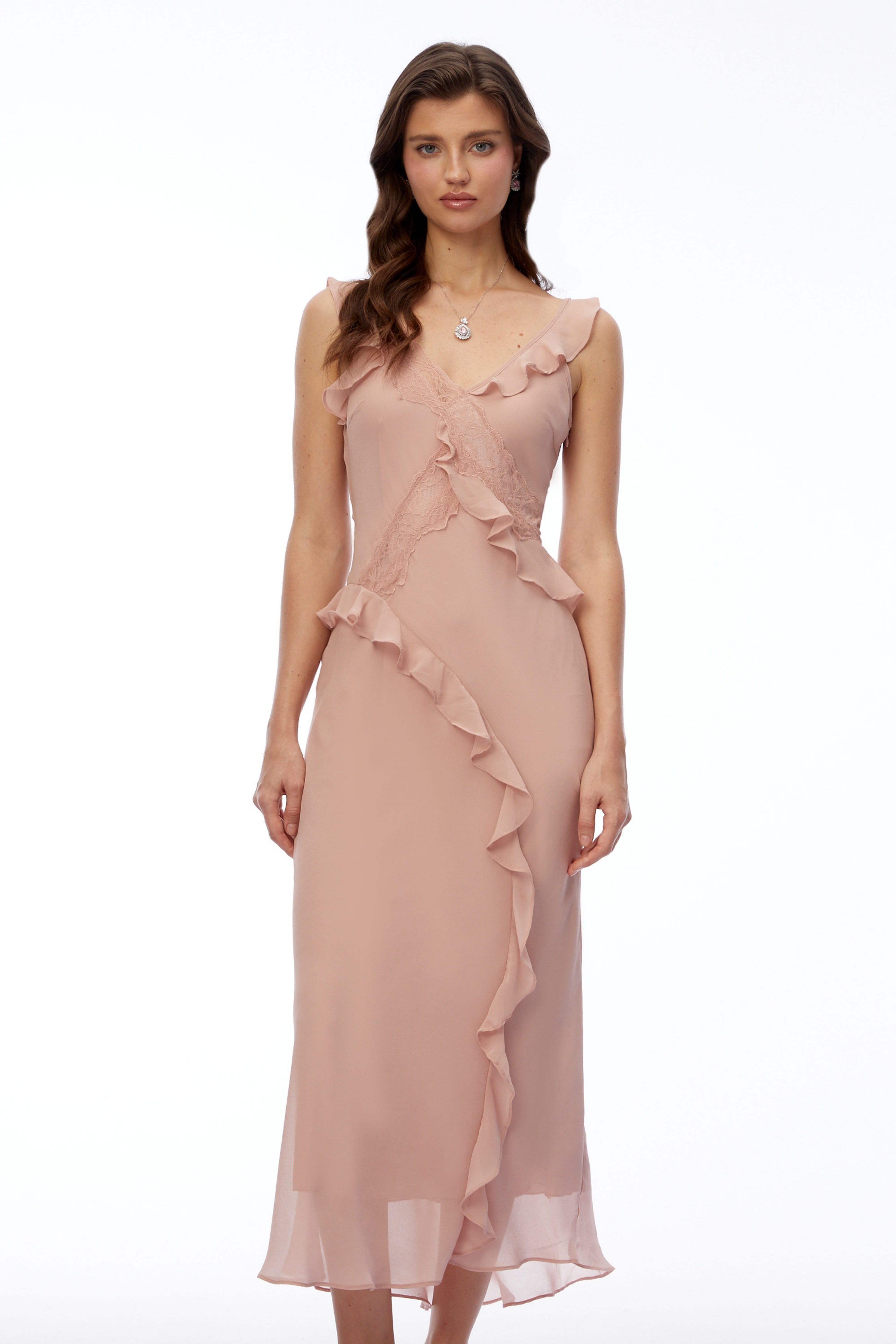 Elowen Dusty Pink V-Neck Ruffled Maxi Dress