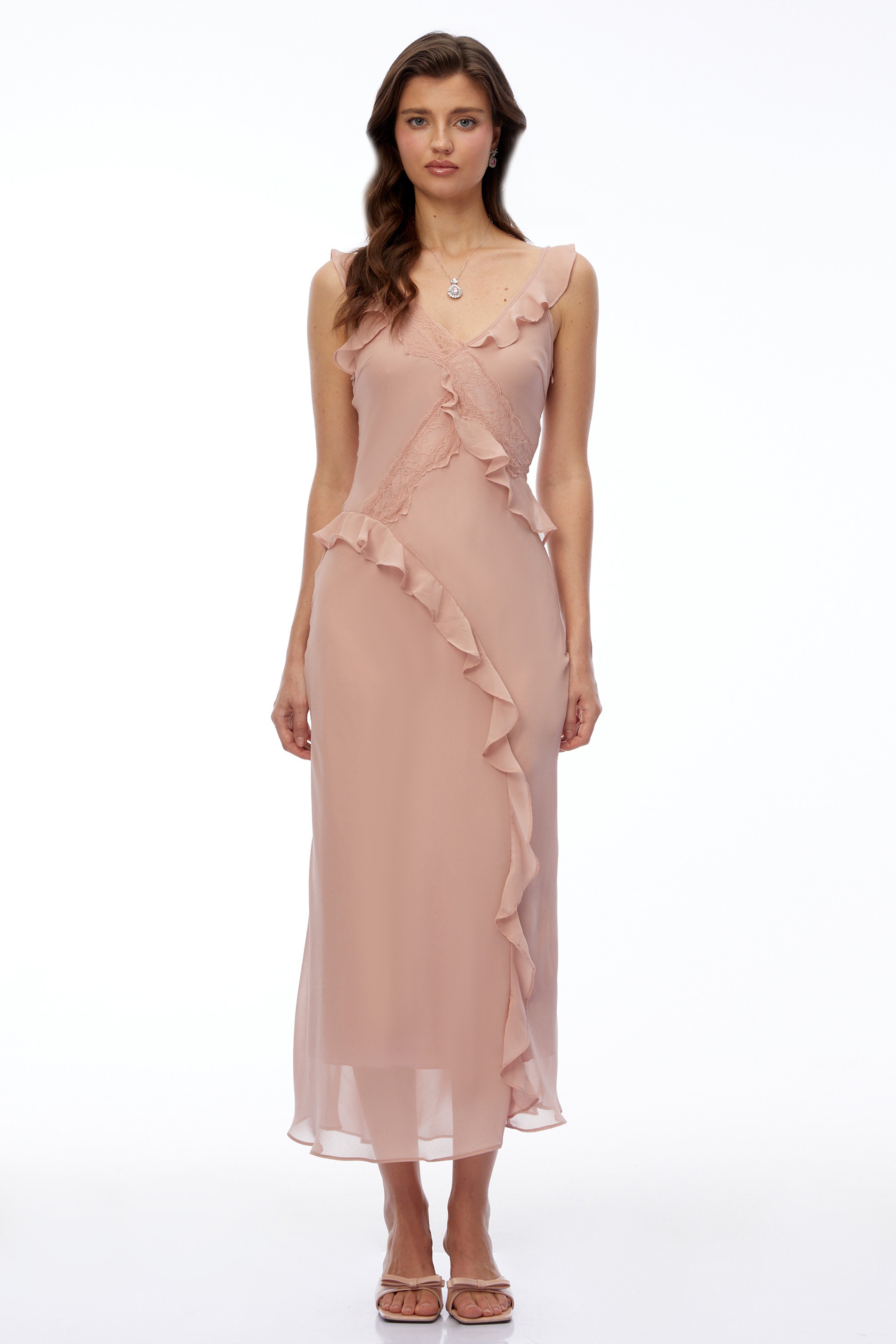 Elowen Dusty Pink V-Neck Ruffled Maxi Dress
