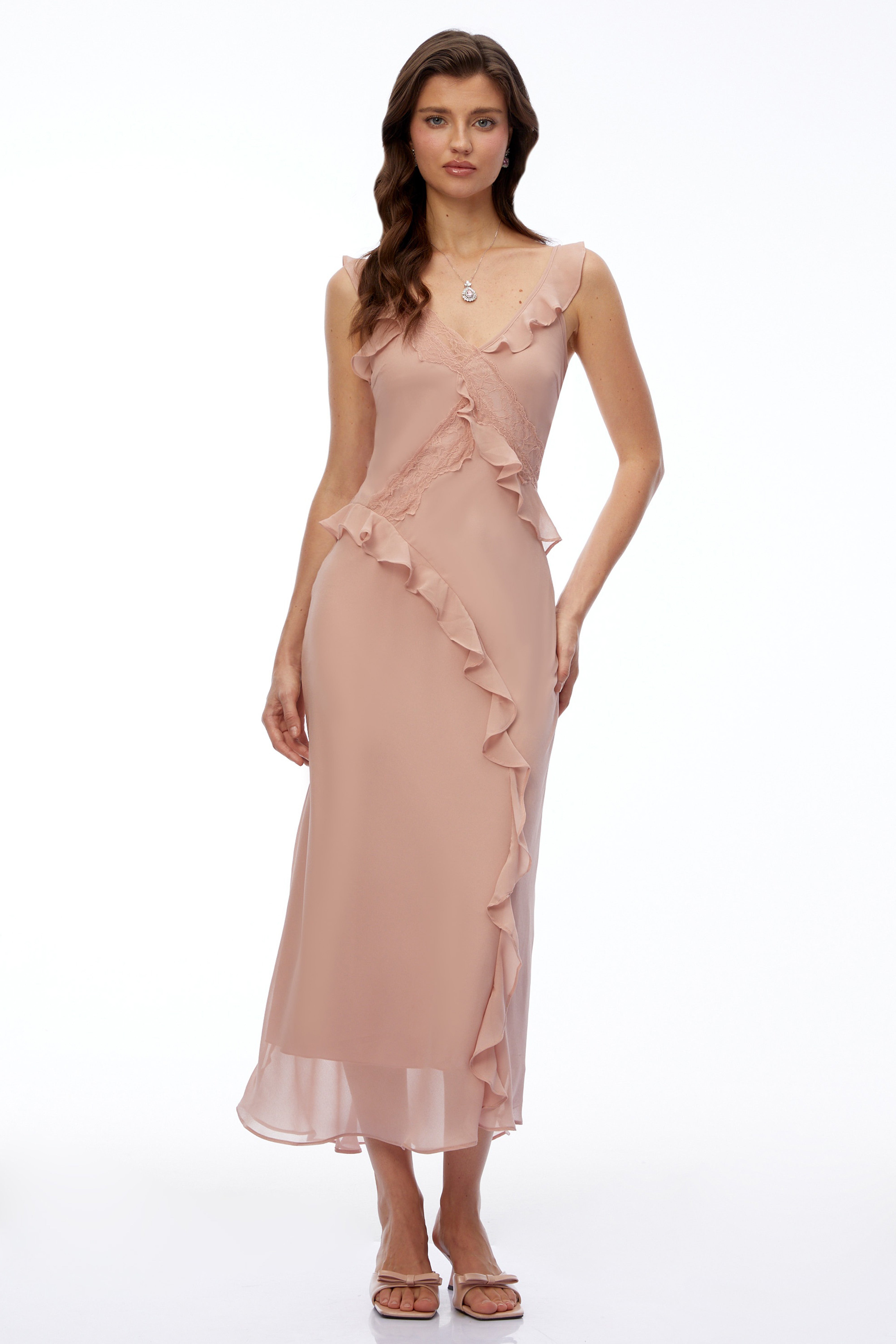 Elowen Dusty Pink V-Neck Ruffled Maxi Dress