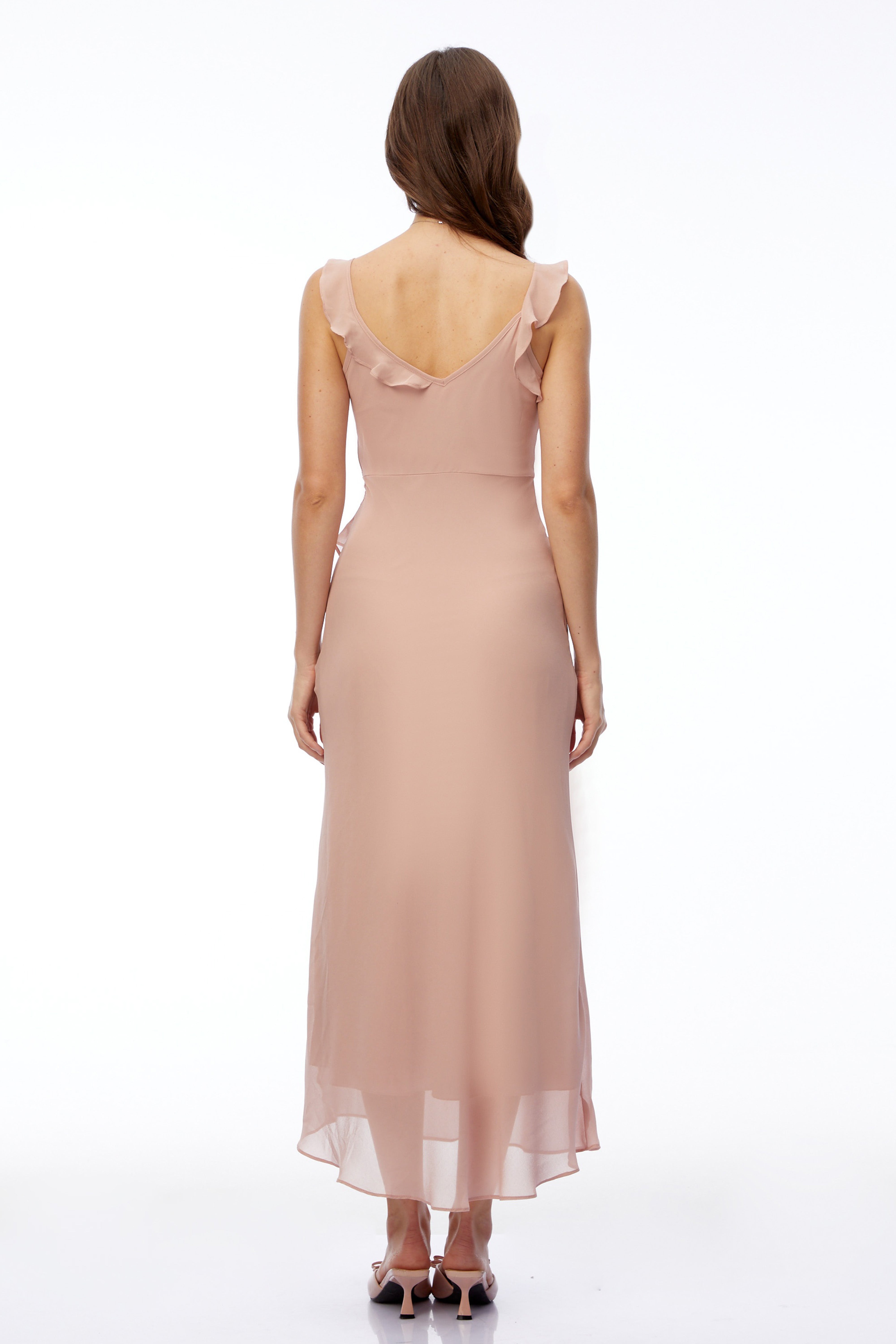 Elowen Dusty Pink V-Neck Ruffled Maxi Dress