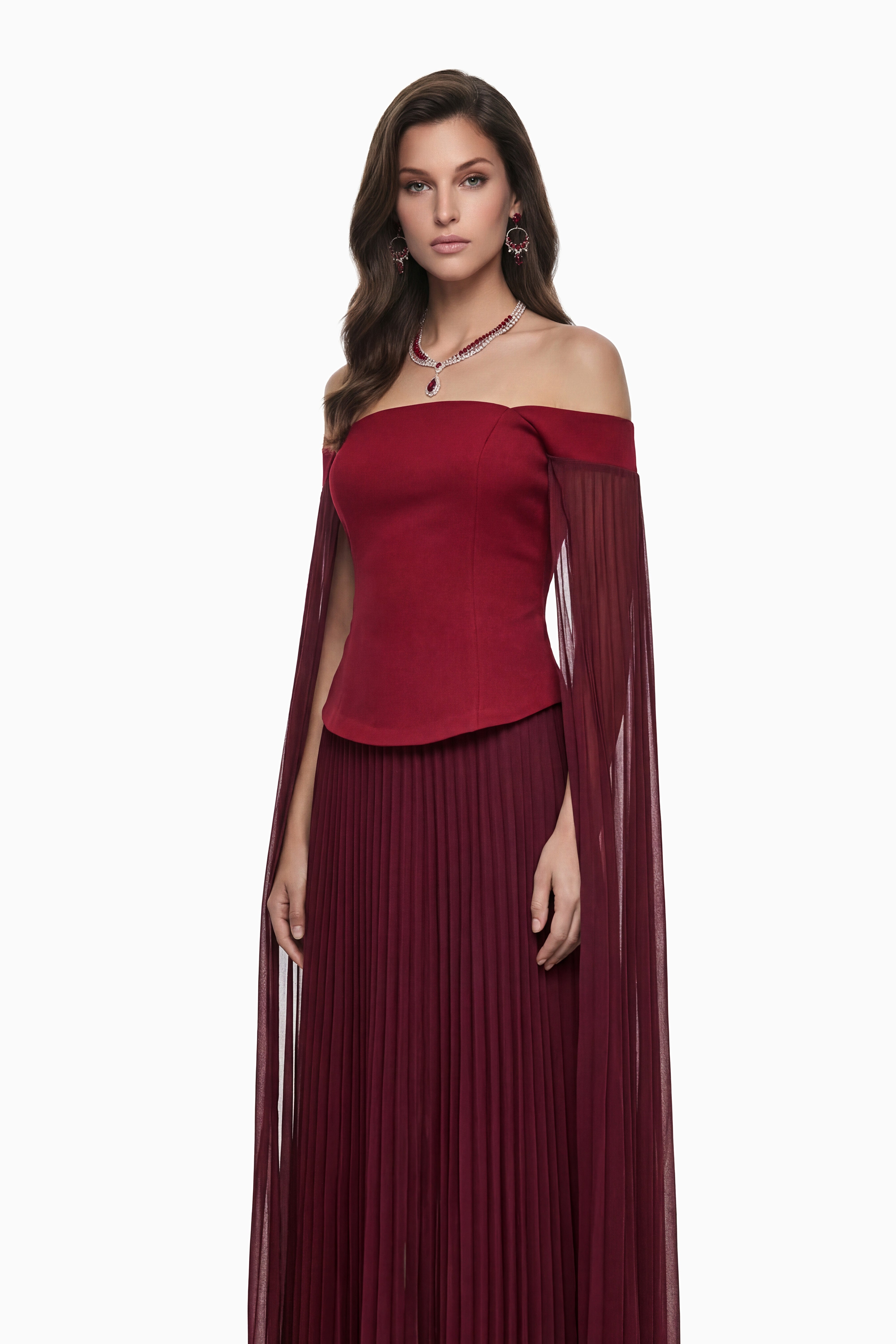Elowenna Red Off Shoulder Top & Pleated Skirt Set (Final Sale)