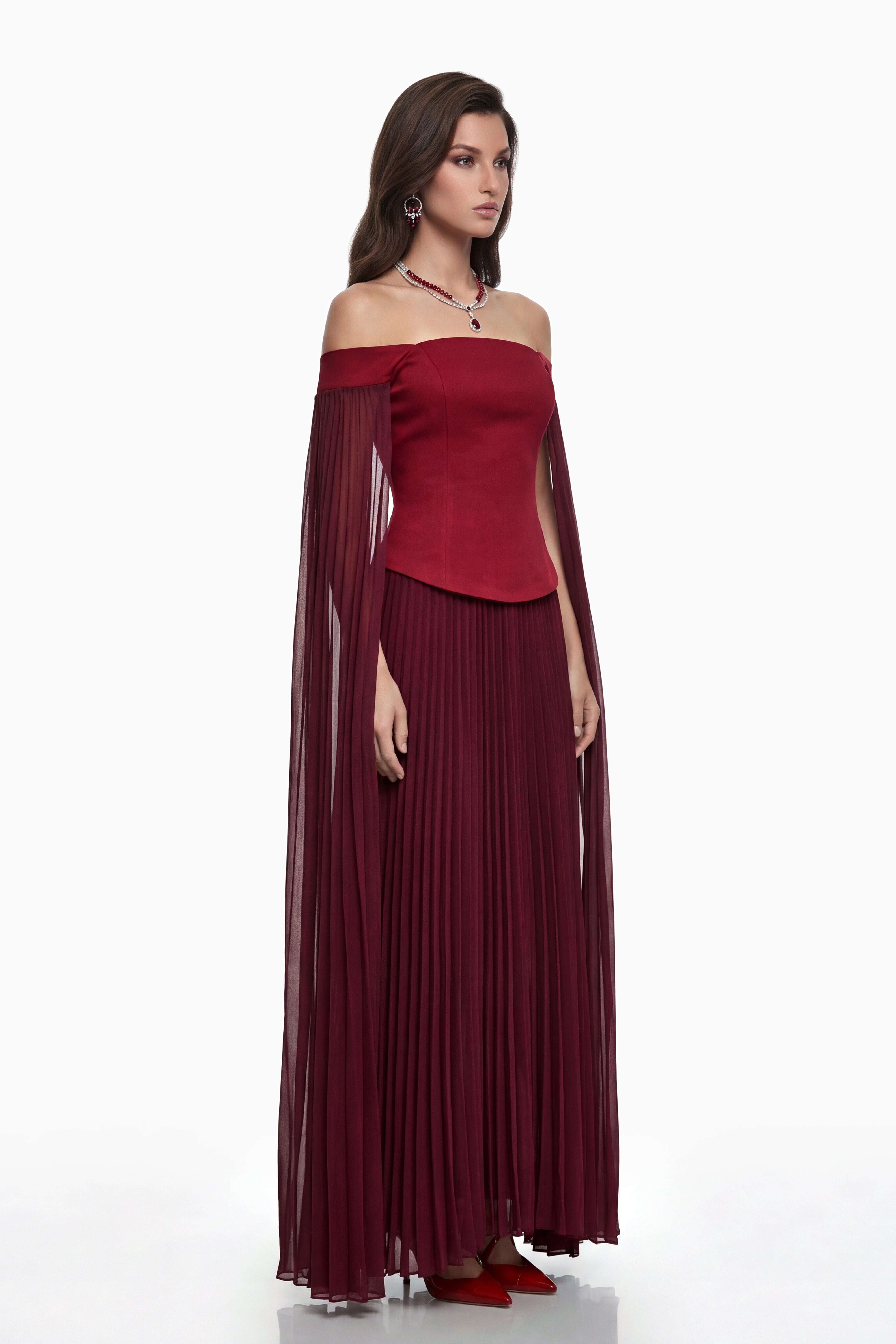 Elowenna Red Off Shoulder Top & Pleated Skirt Set (Final Sale)