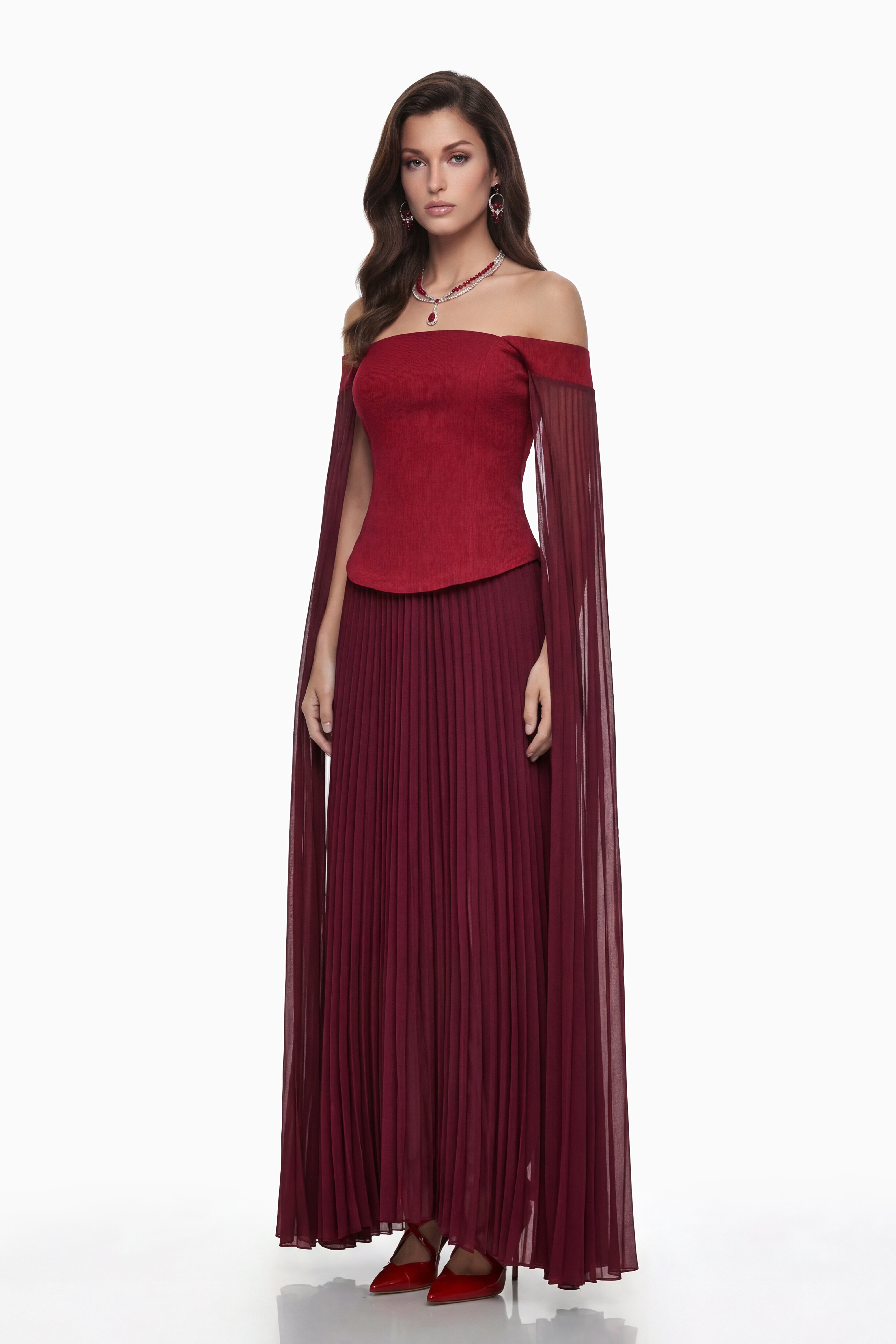 Elowenna Red Off Shoulder Top & Pleated Skirt Set (Final Sale)