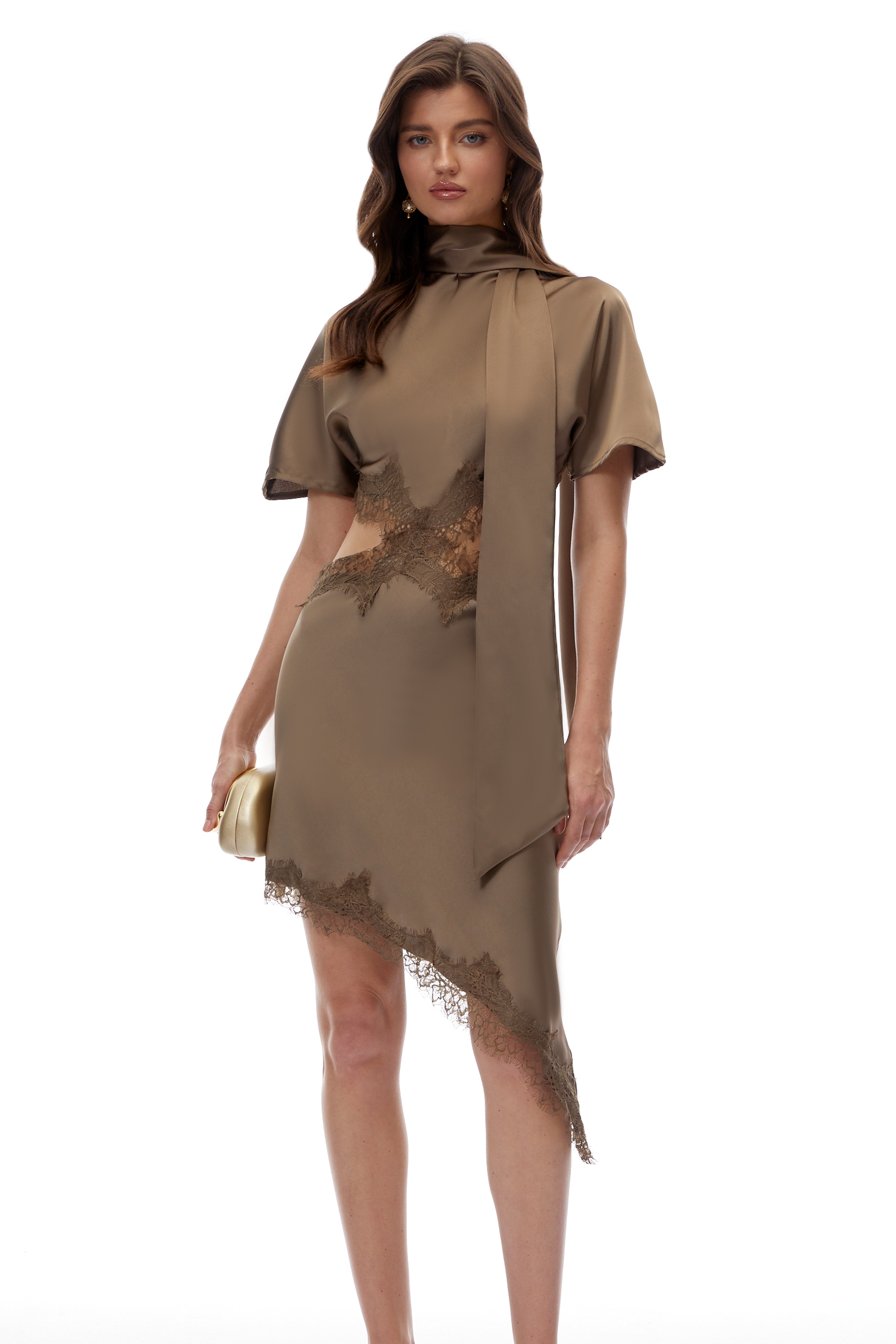 Ema Green Asymmetrical Mini Dress with Lace Trim