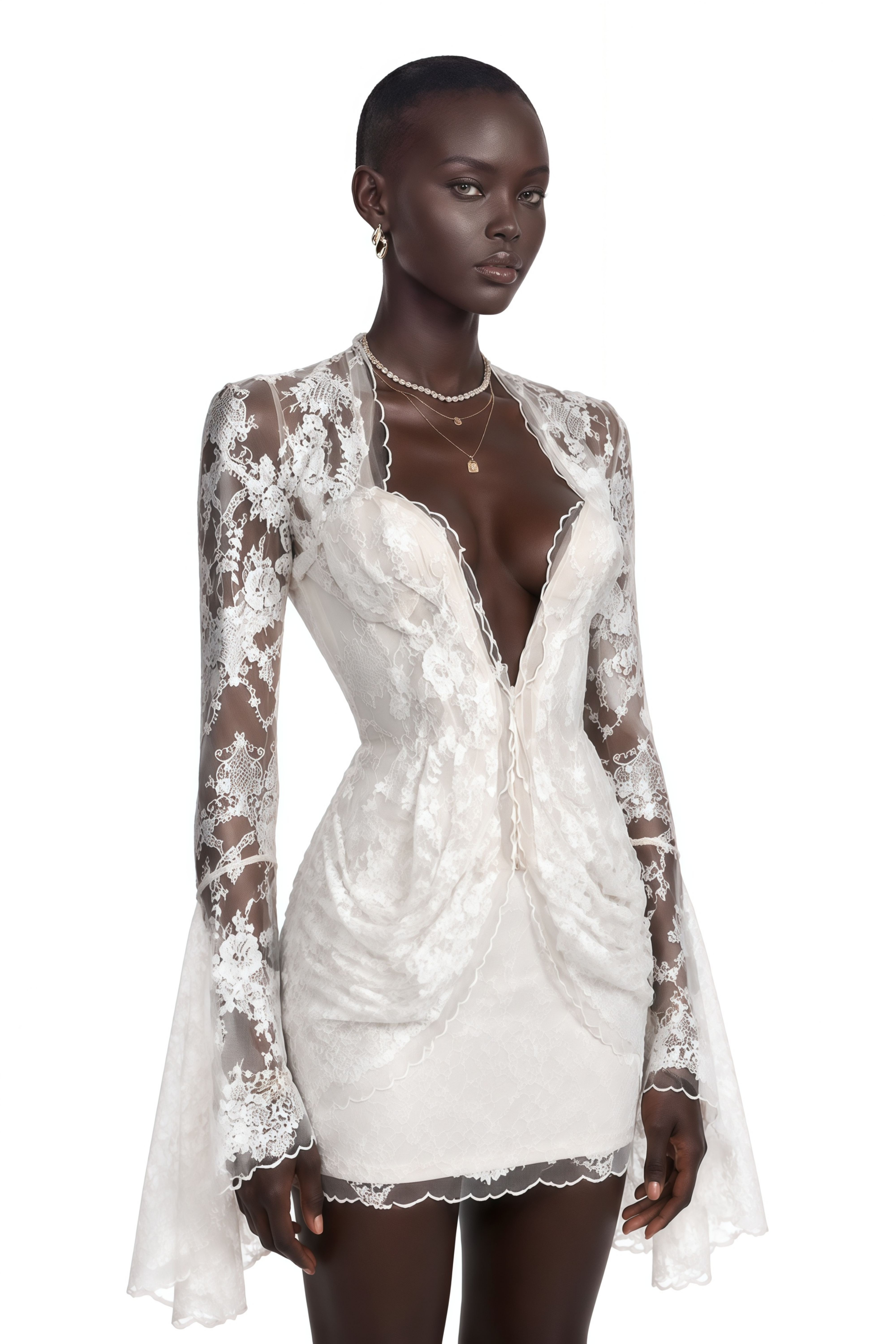 Emanuela White Plunge Neck Top & Skirt Set with Bell Sleeves