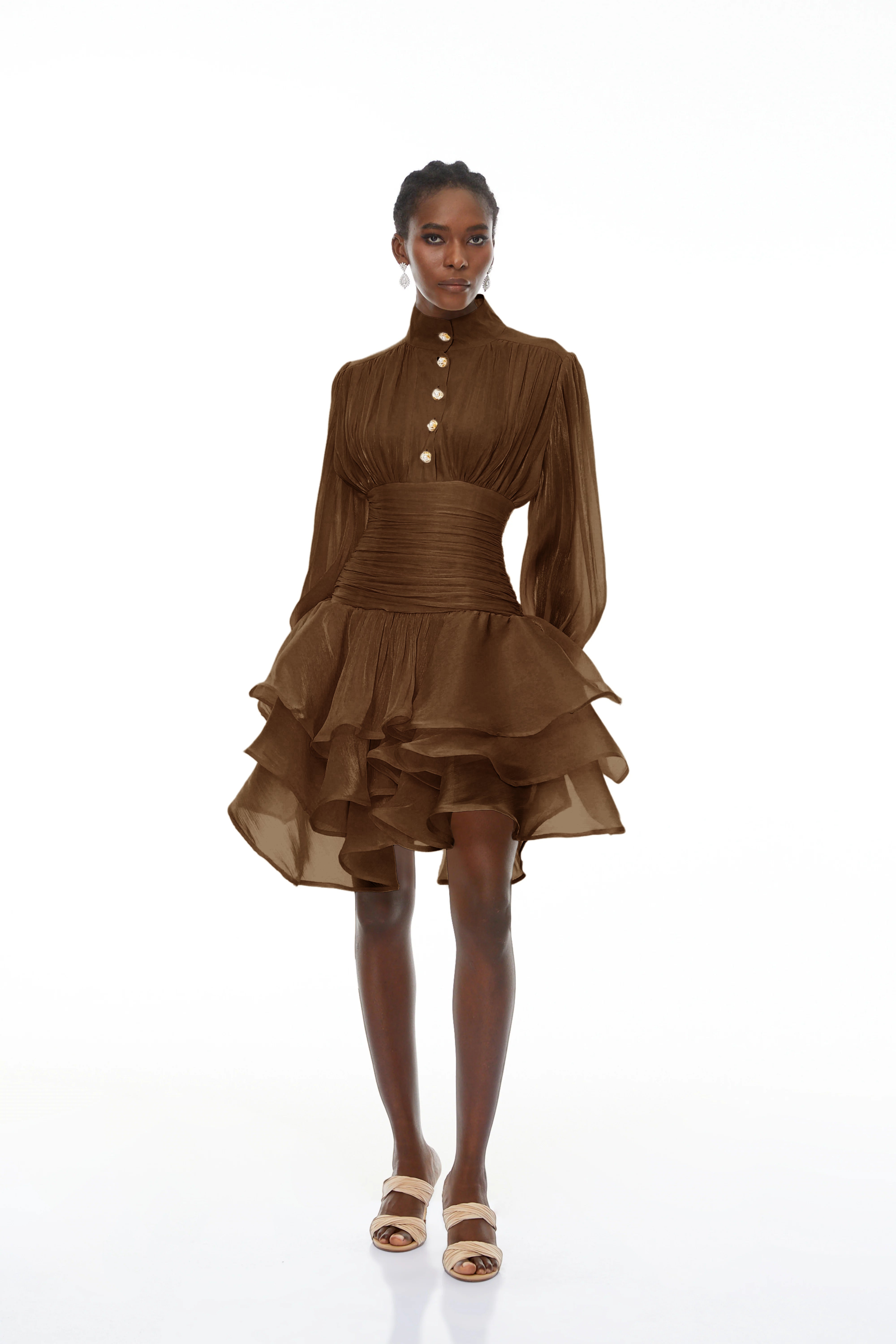 Emersyn Brown High-Neck Ruffled Detail Mini Dress (Final Sale-US Only)