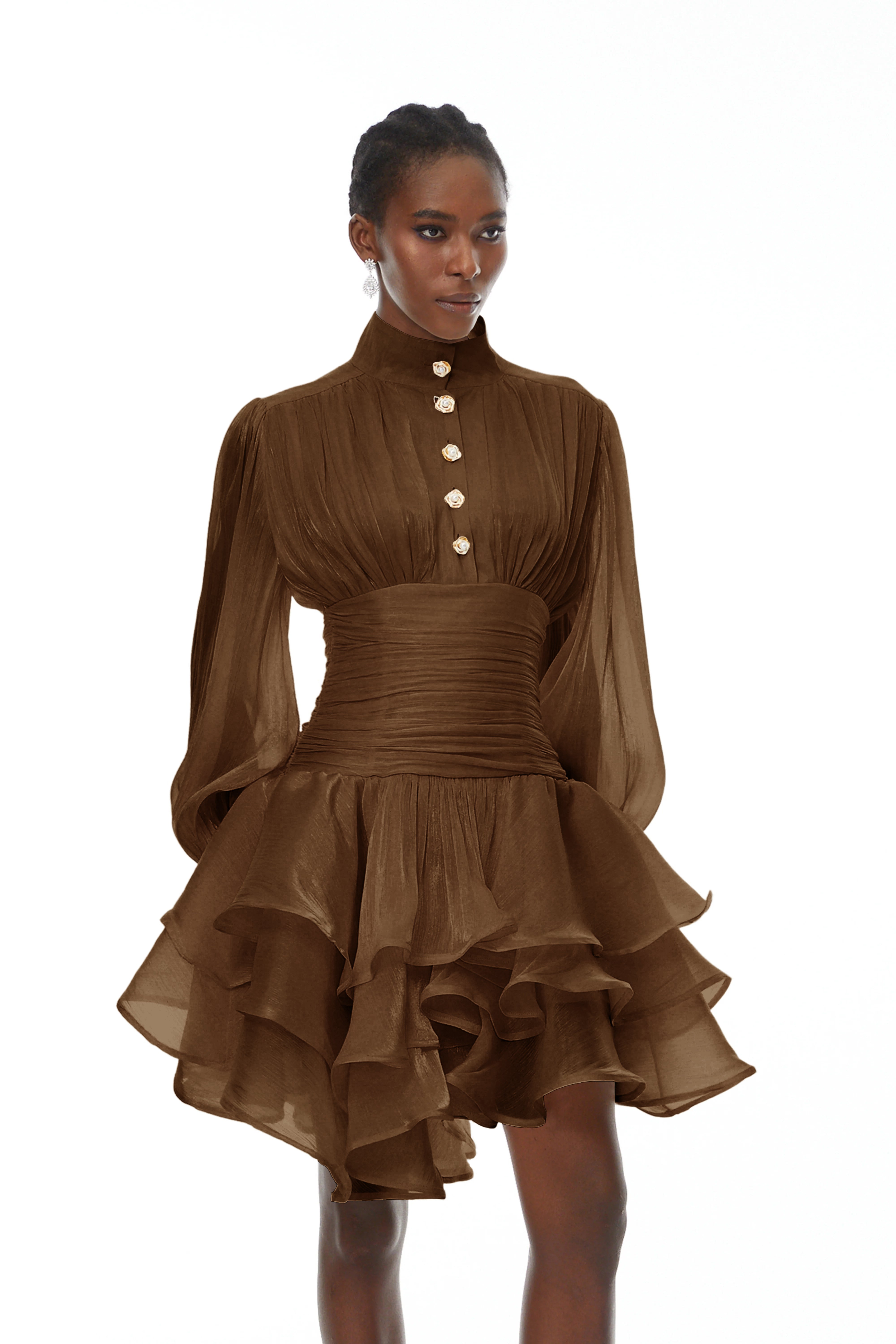 Emersyn Brown High-Neck Ruffled Detail Mini Dress (Final Sale-US Only)