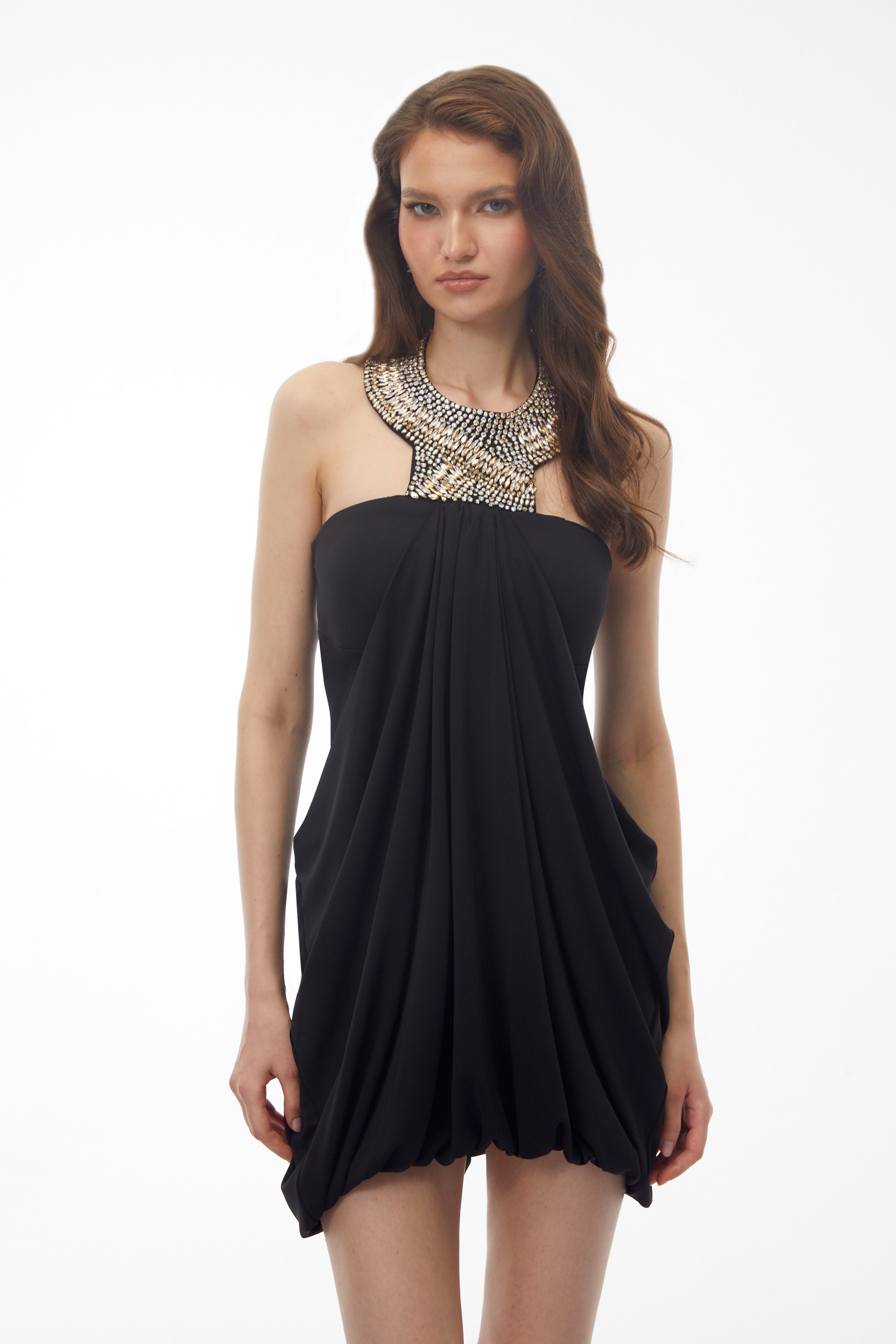 Emma Black Halterneck Embellished Ruched Mini Dress (Final Sale)