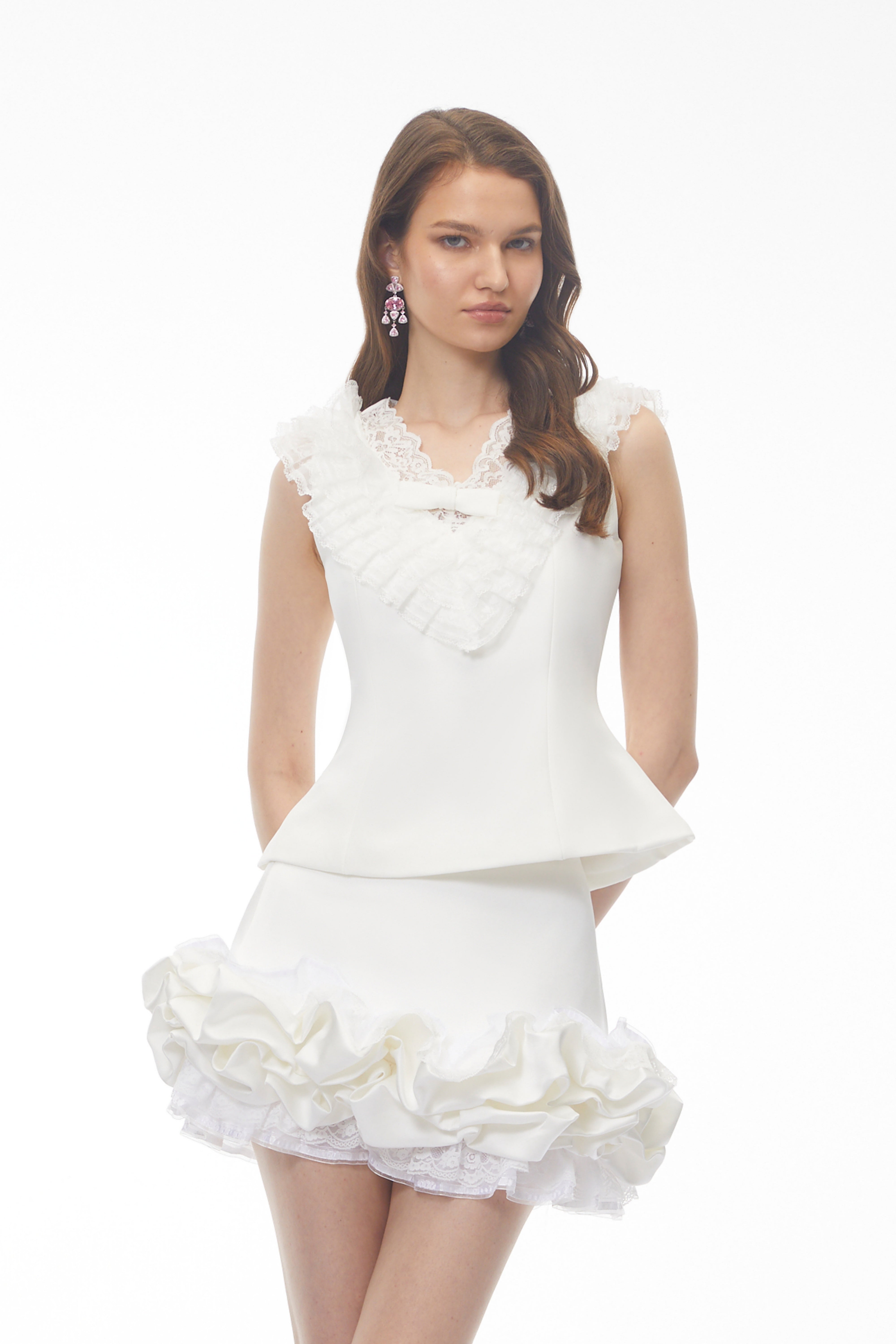 Emmeline White V-Neck Top & Ruffled Skirt Set (Final Sale)