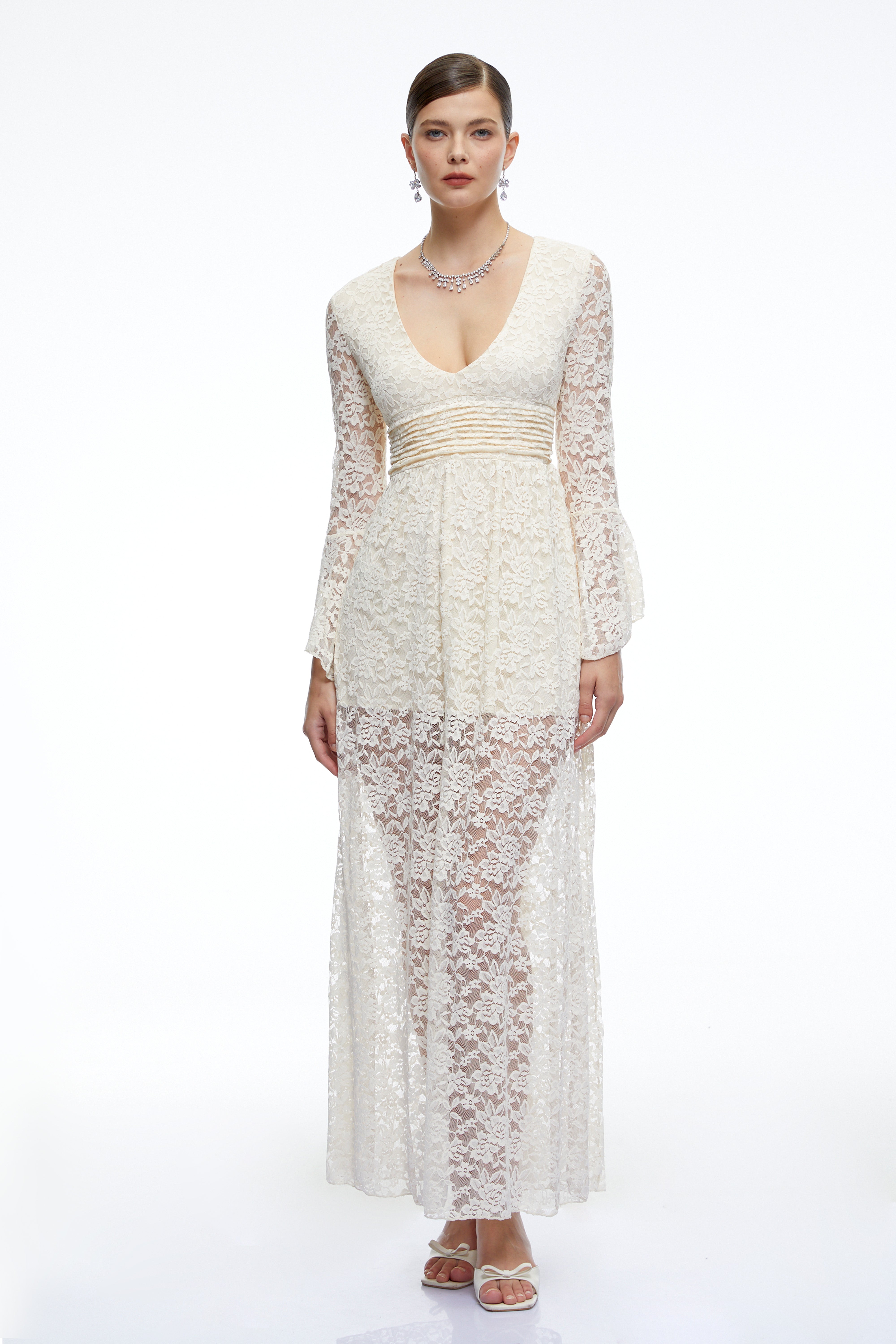 Esme Neutral Long Bell Sleeves Lace Maxi Dress