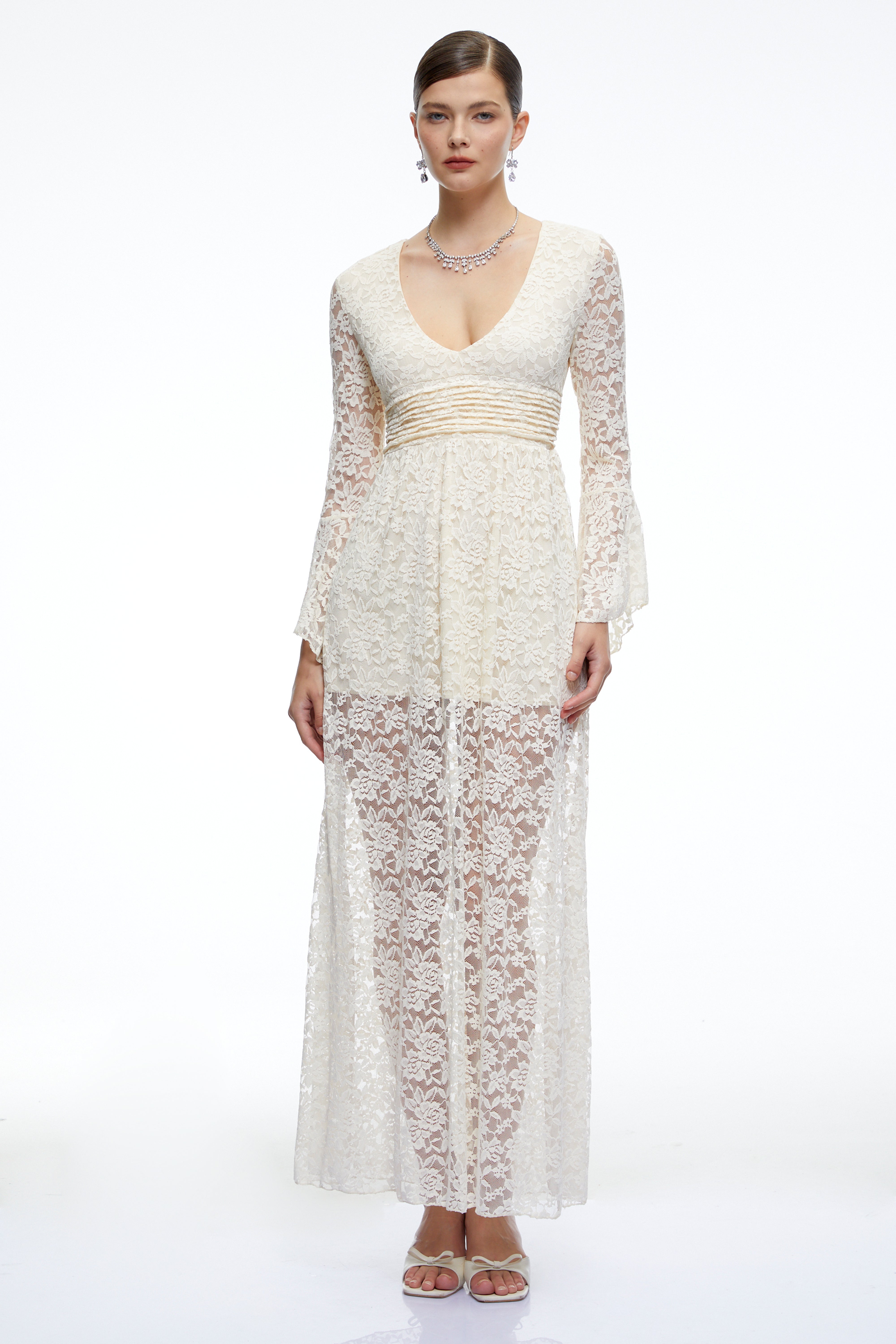 Esme Neutral Long Bell Sleeves Lace Maxi Dress