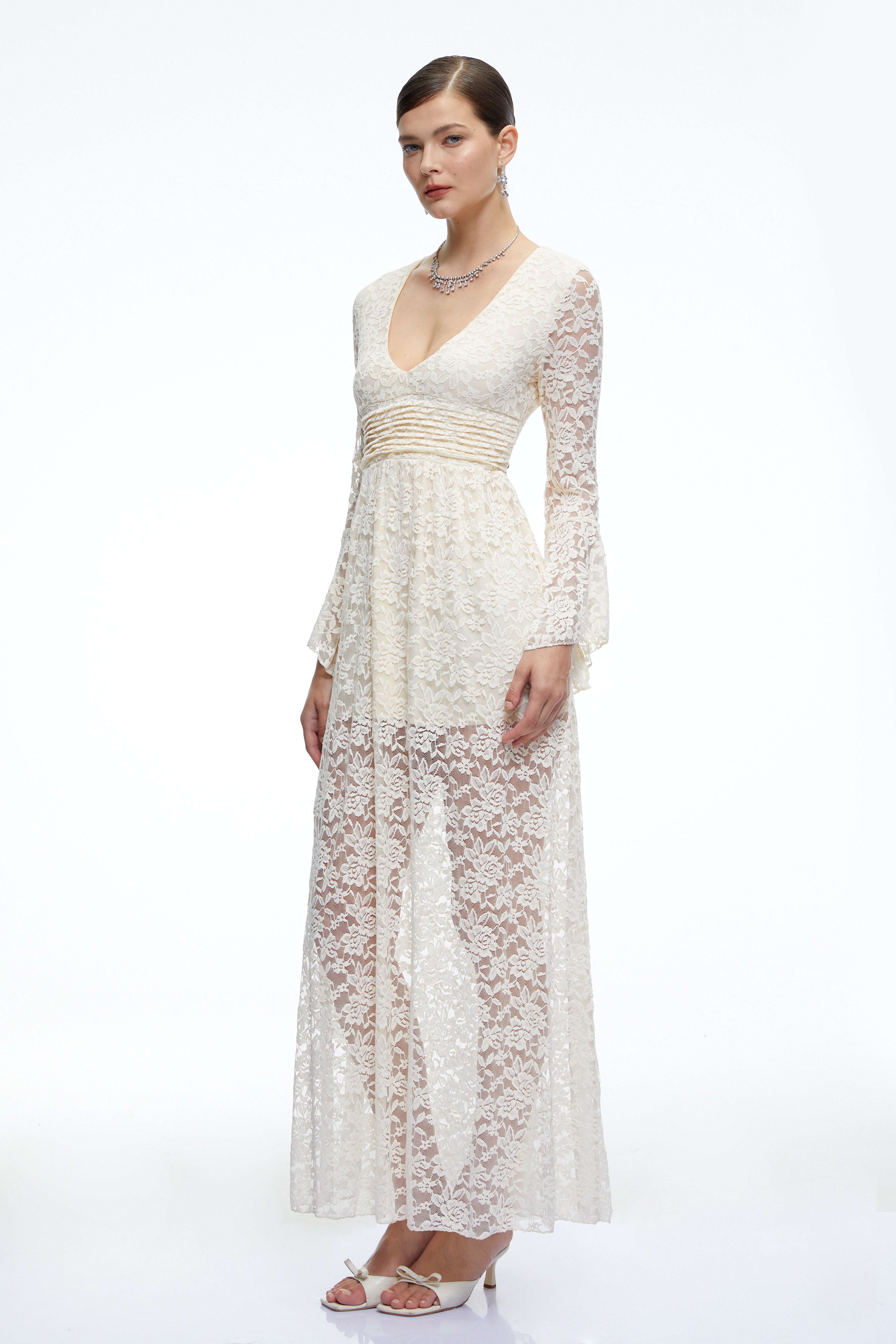 Esme Neutral Long Bell Sleeves Lace Maxi Dress