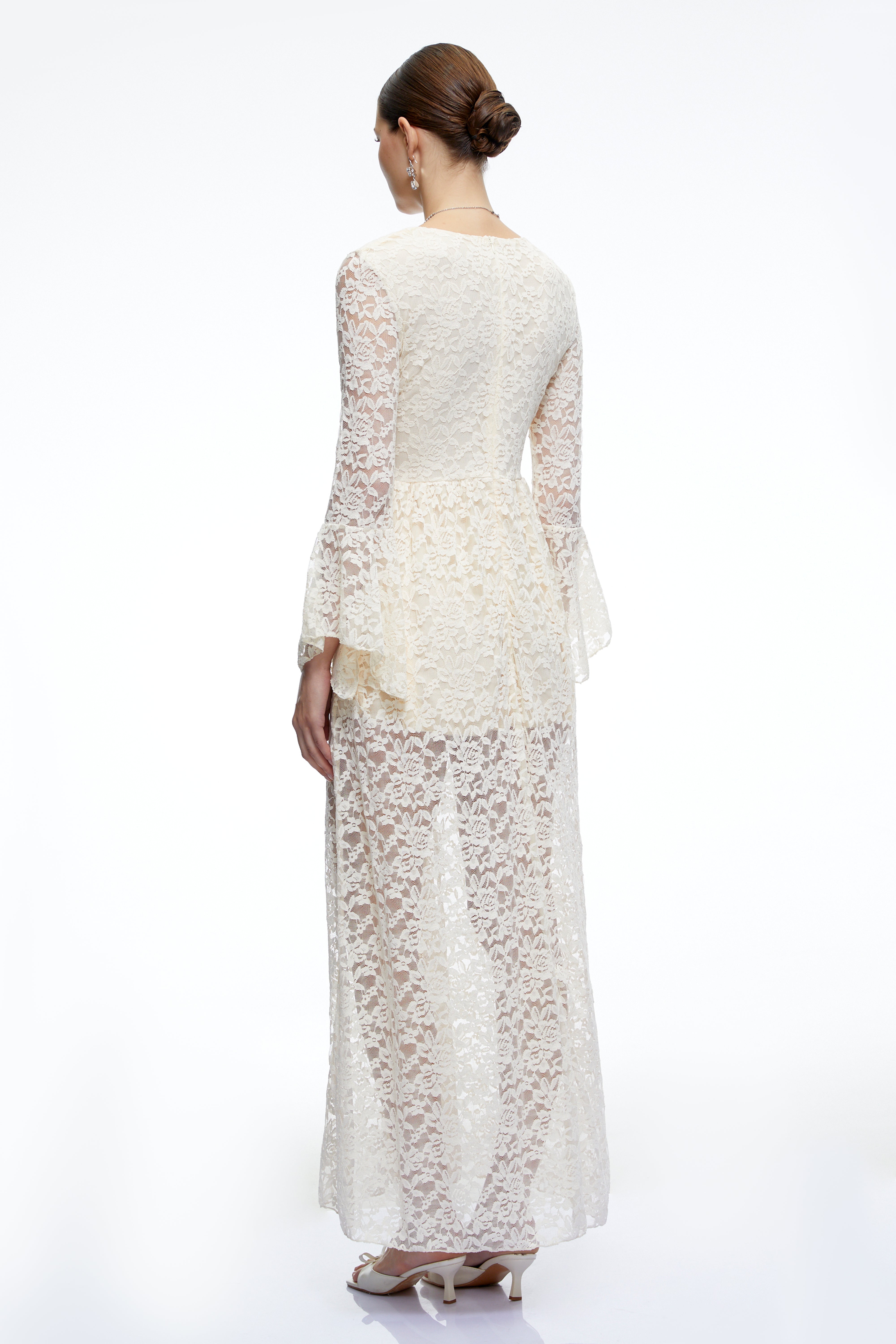 Esme Neutral Long Bell Sleeves Lace Maxi Dress