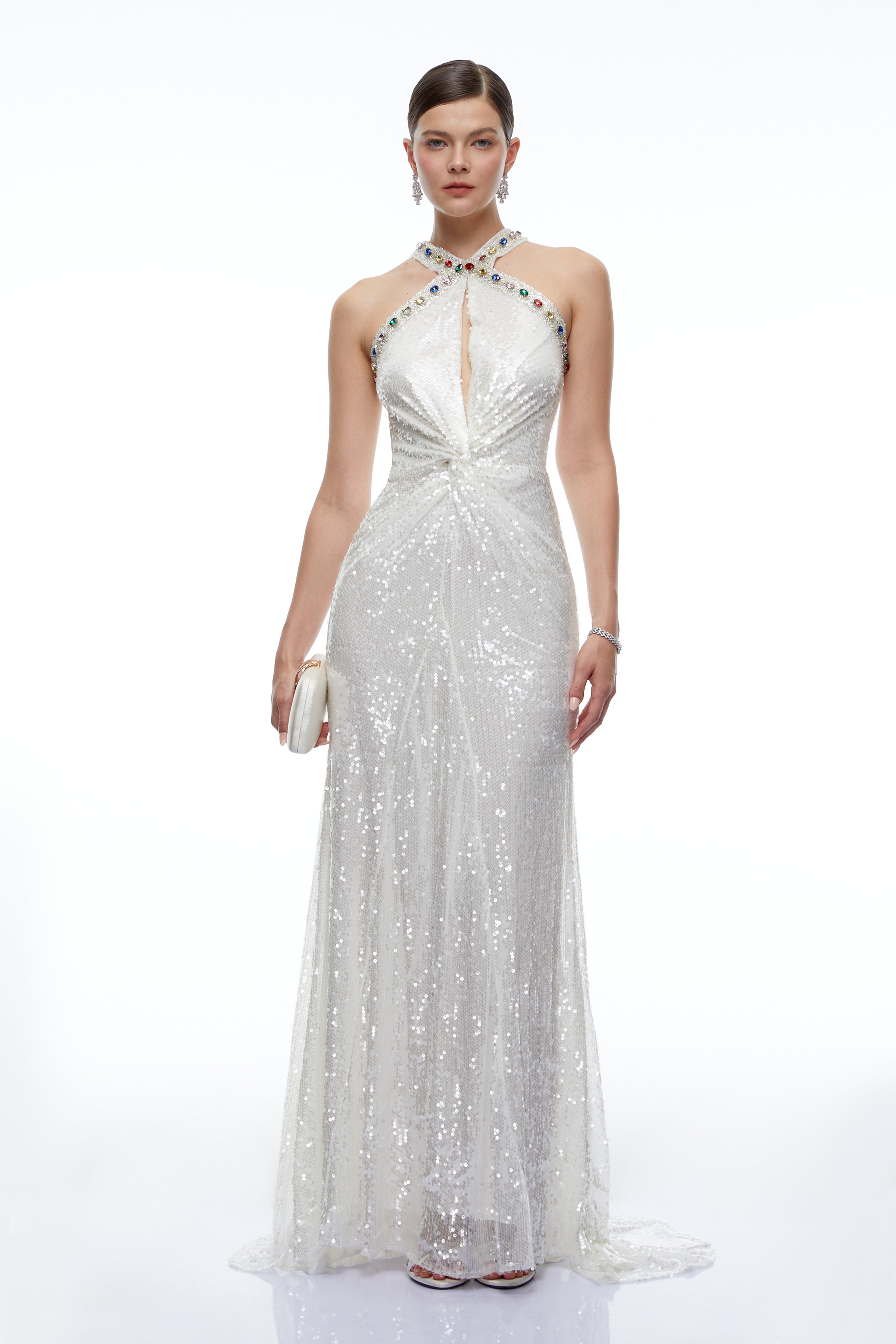 Eudoxia White Sequin Halterneck Maxi Dress with Cut-Outs