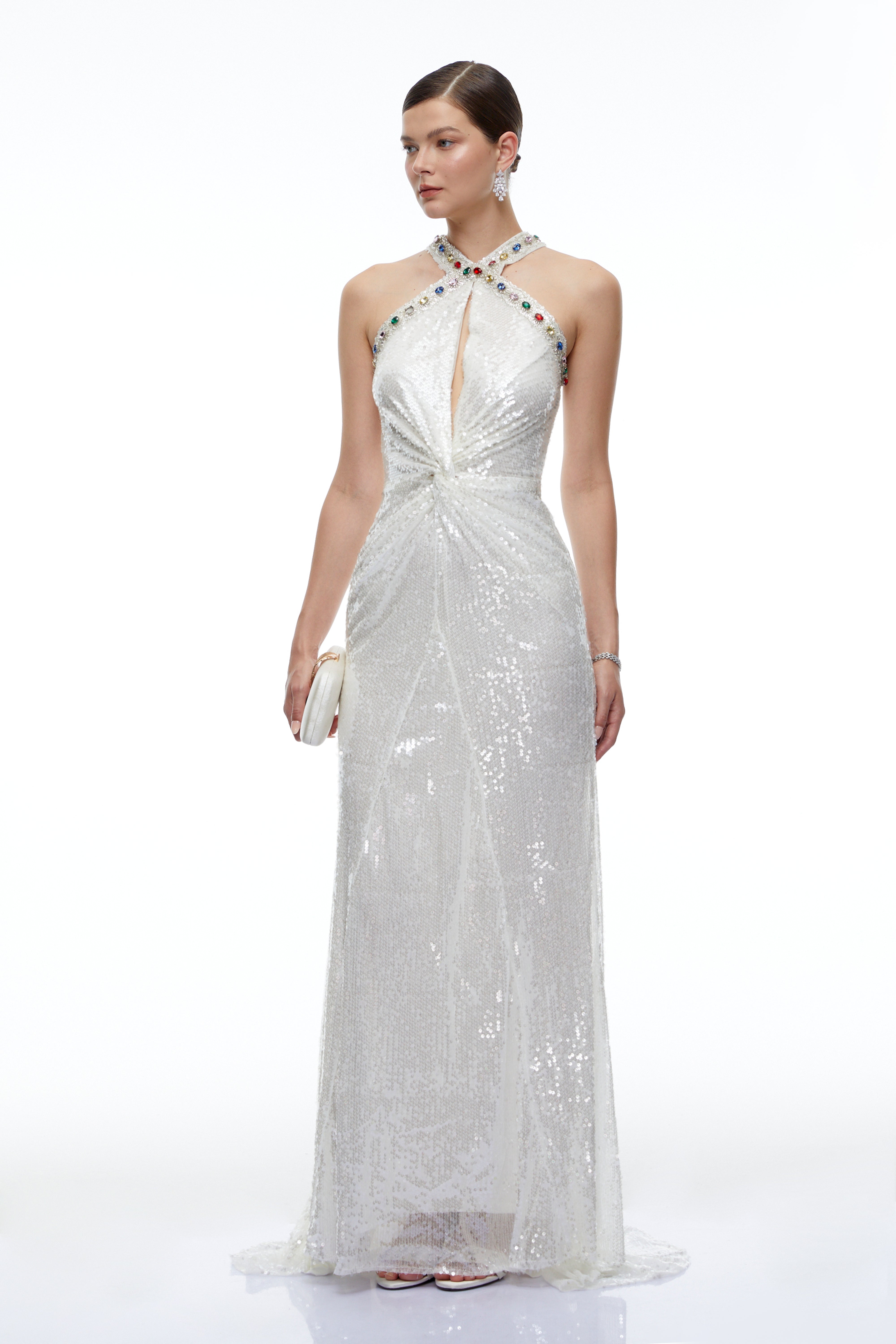 Eudoxia White Sequin Halterneck Maxi Dress with Cut-Outs