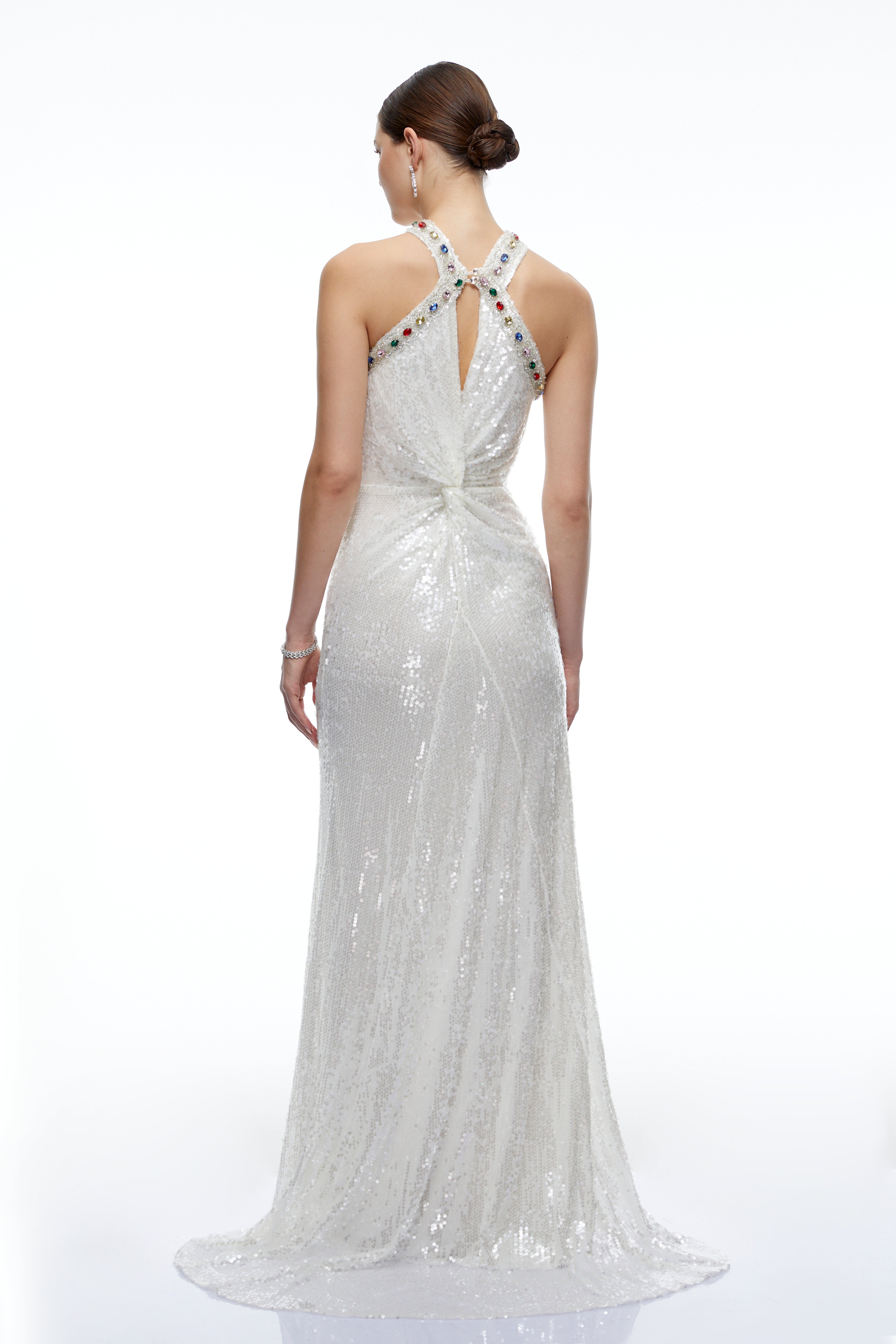 Eudoxia White Sequin Halterneck Maxi Dress with Cut-Outs