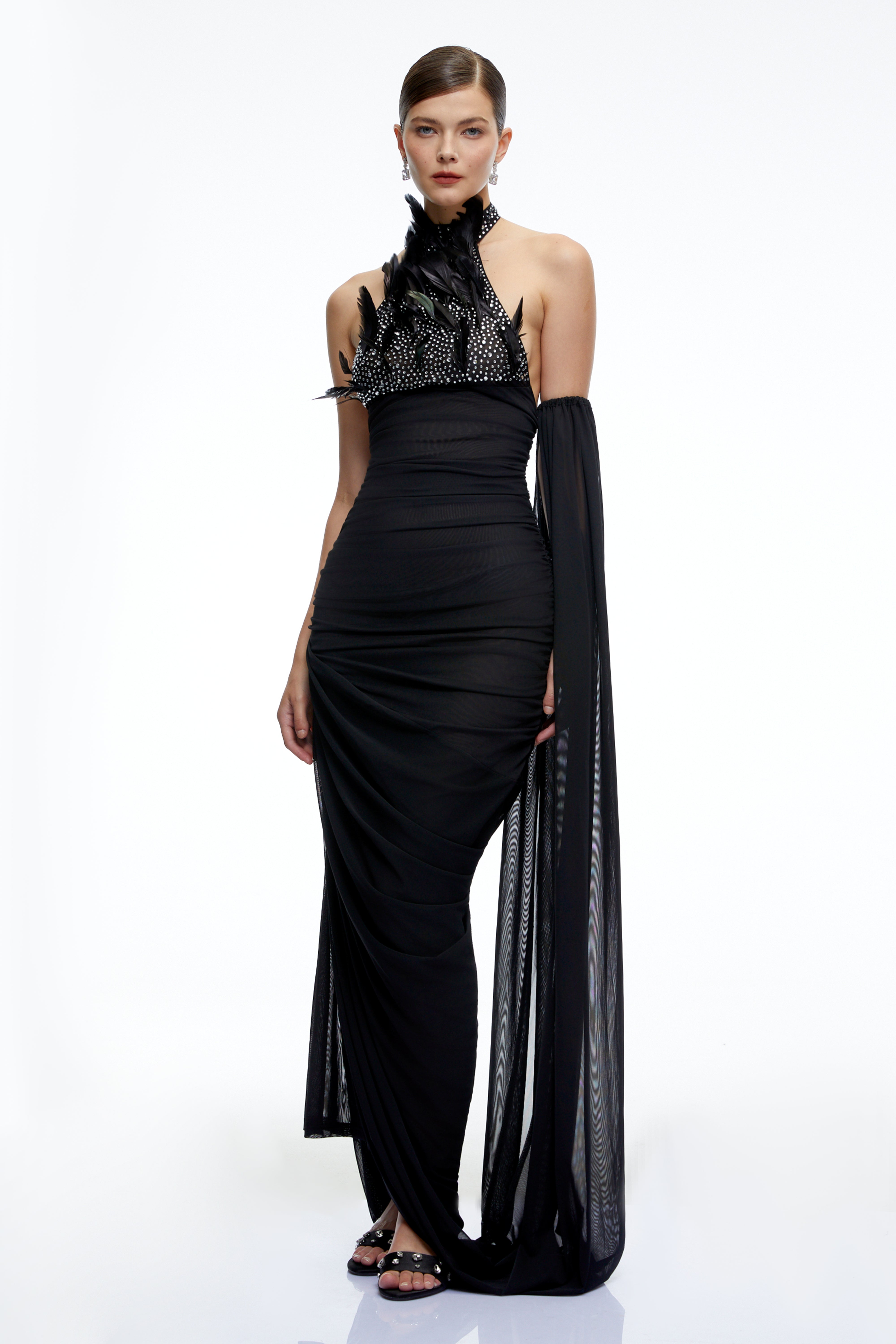 Eulalie Black Halterneck Ruched Maxi Dress with 3D Florals