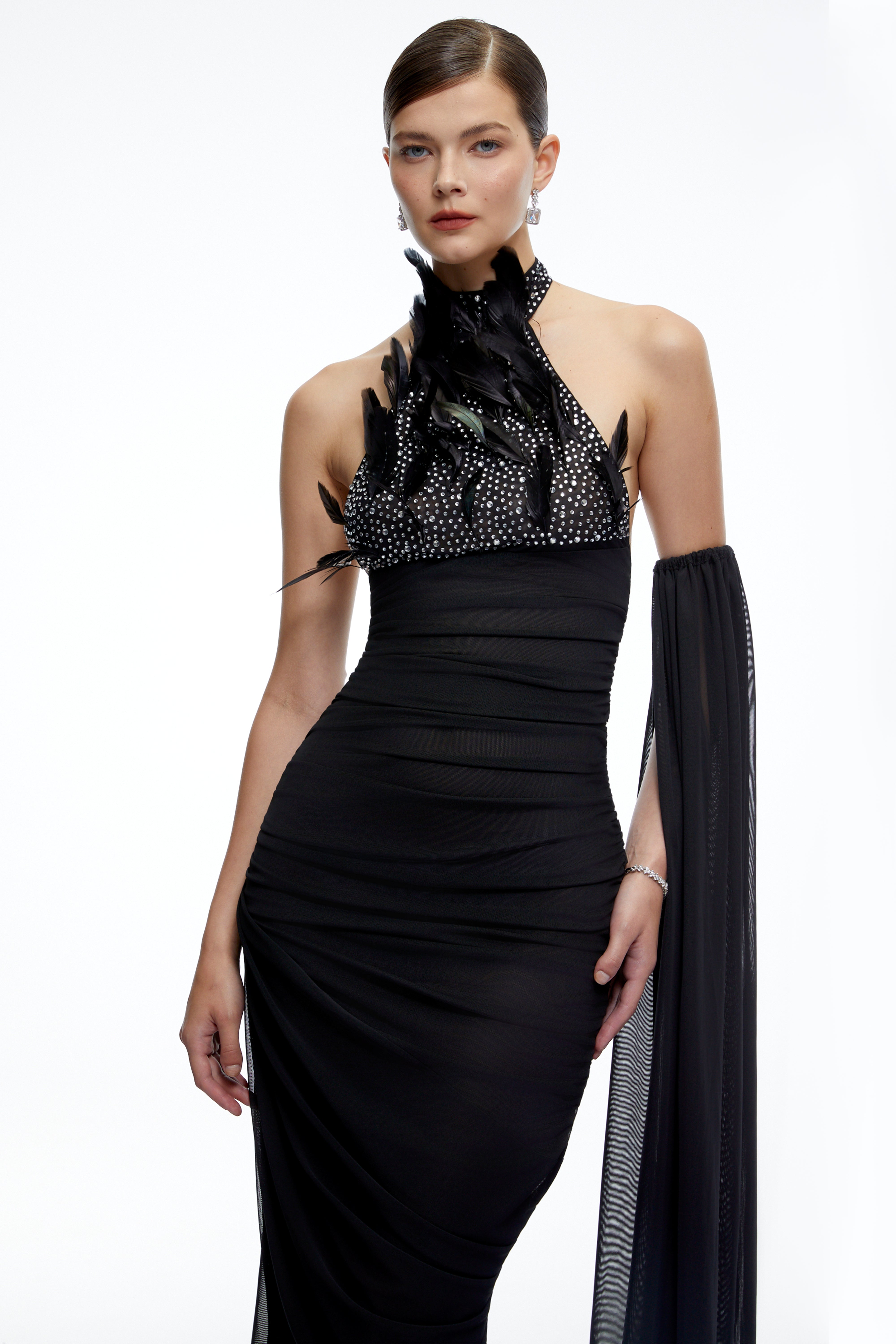 Eulalie Black Halterneck Ruched Maxi Dress with 3D Florals