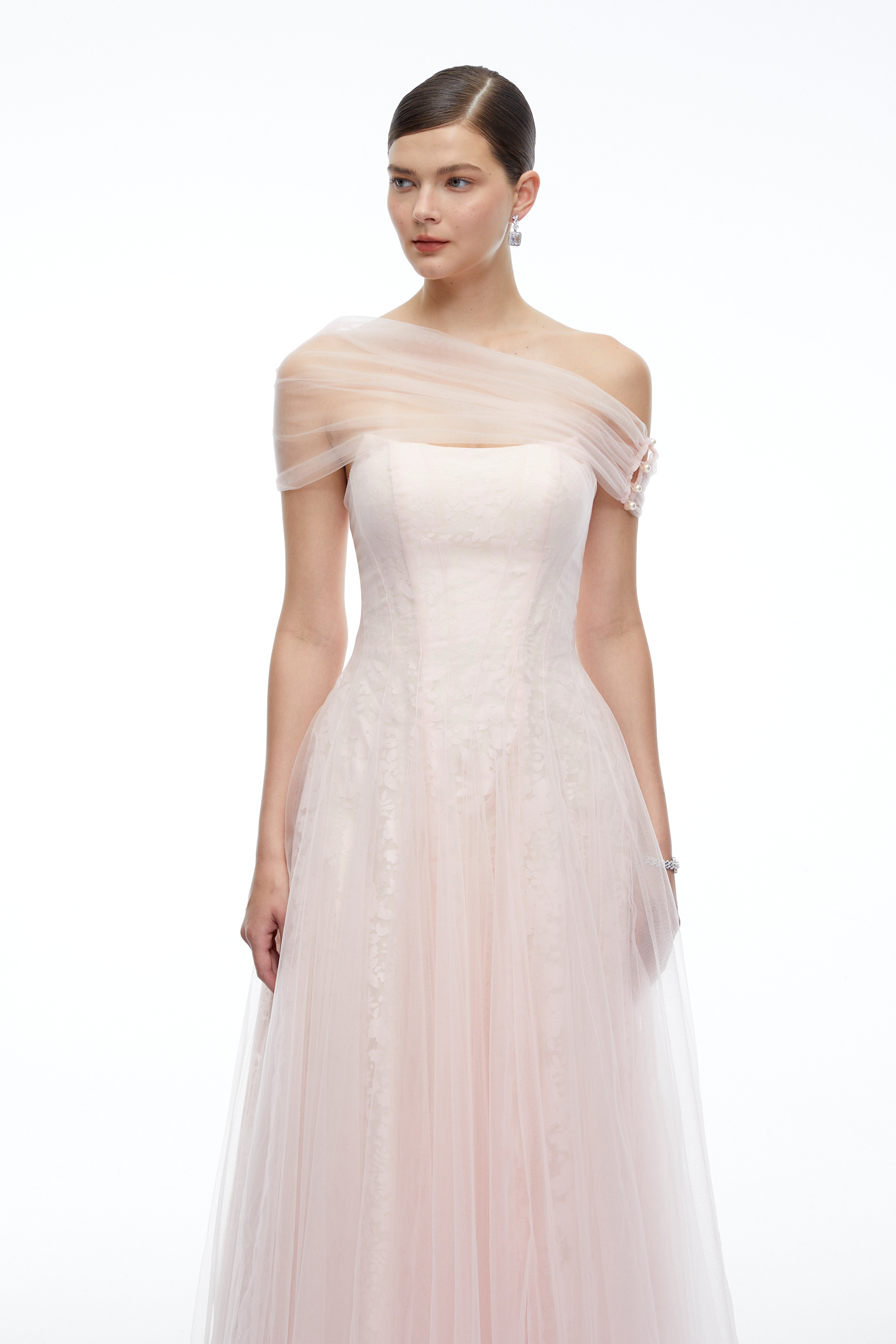 Eulalie Pink Tulle Maxi Dress With Shawl