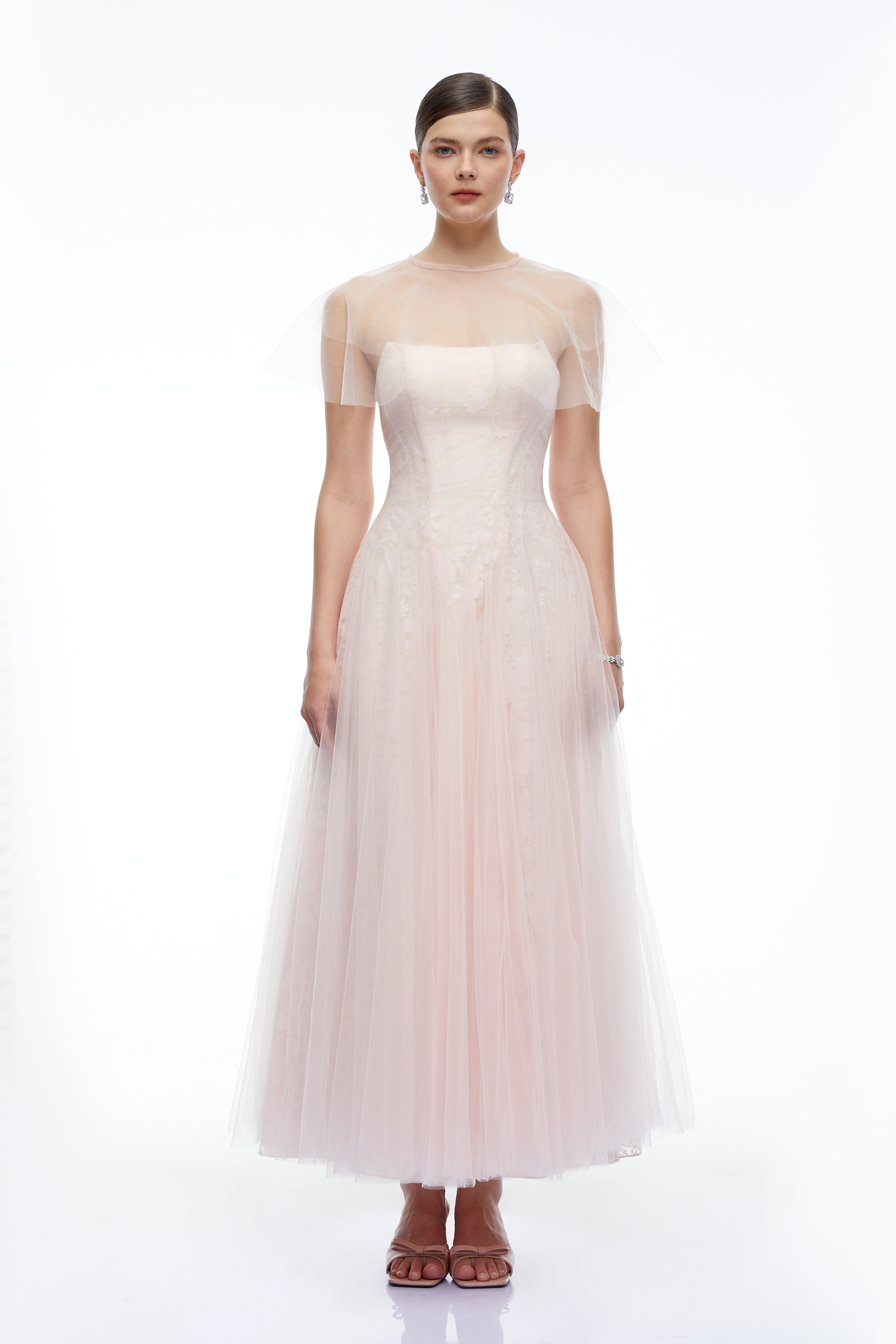 Eulalie Pink Tulle Maxi Dress With Shawl