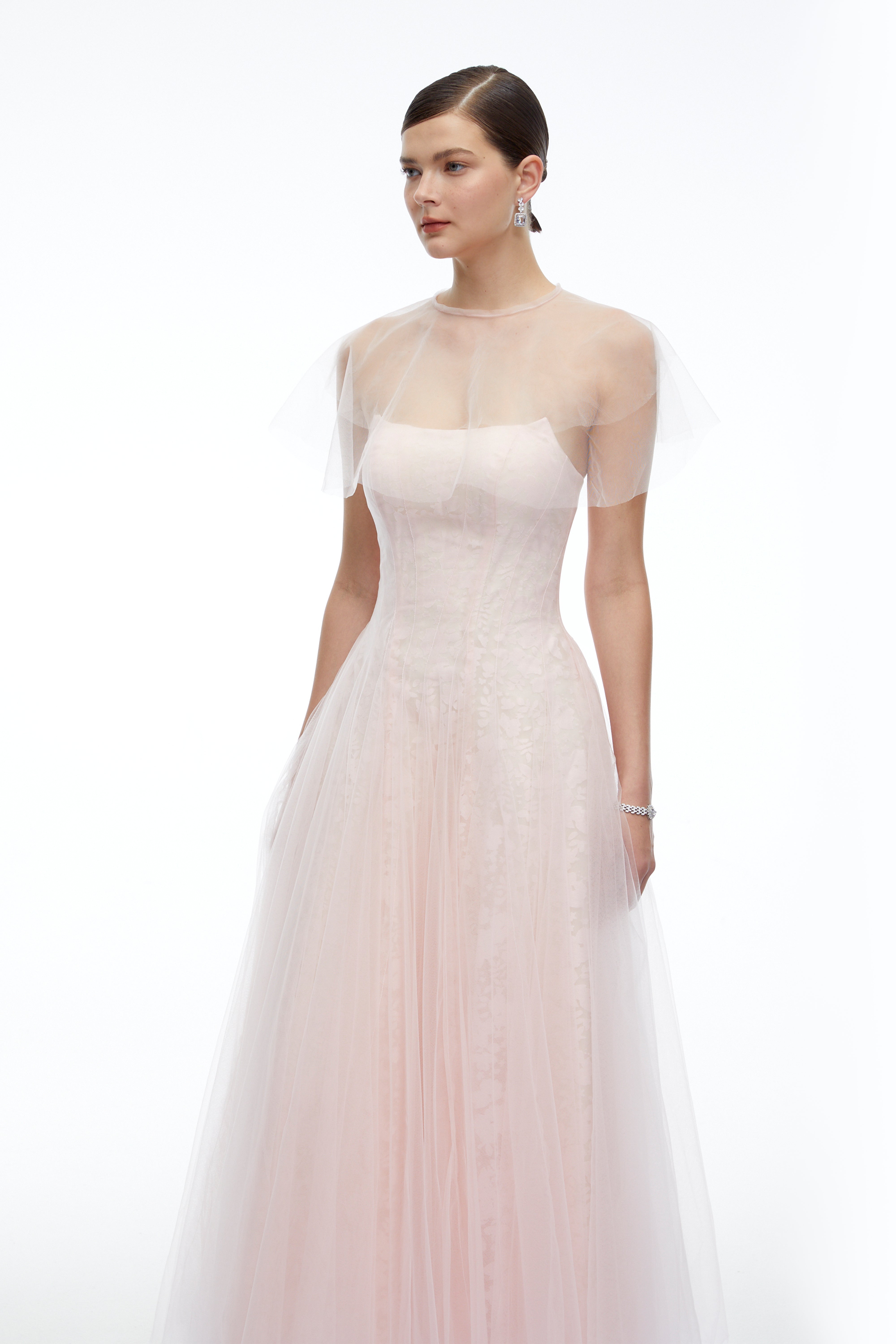 Eulalie Pink Tulle Maxi Dress With Shawl