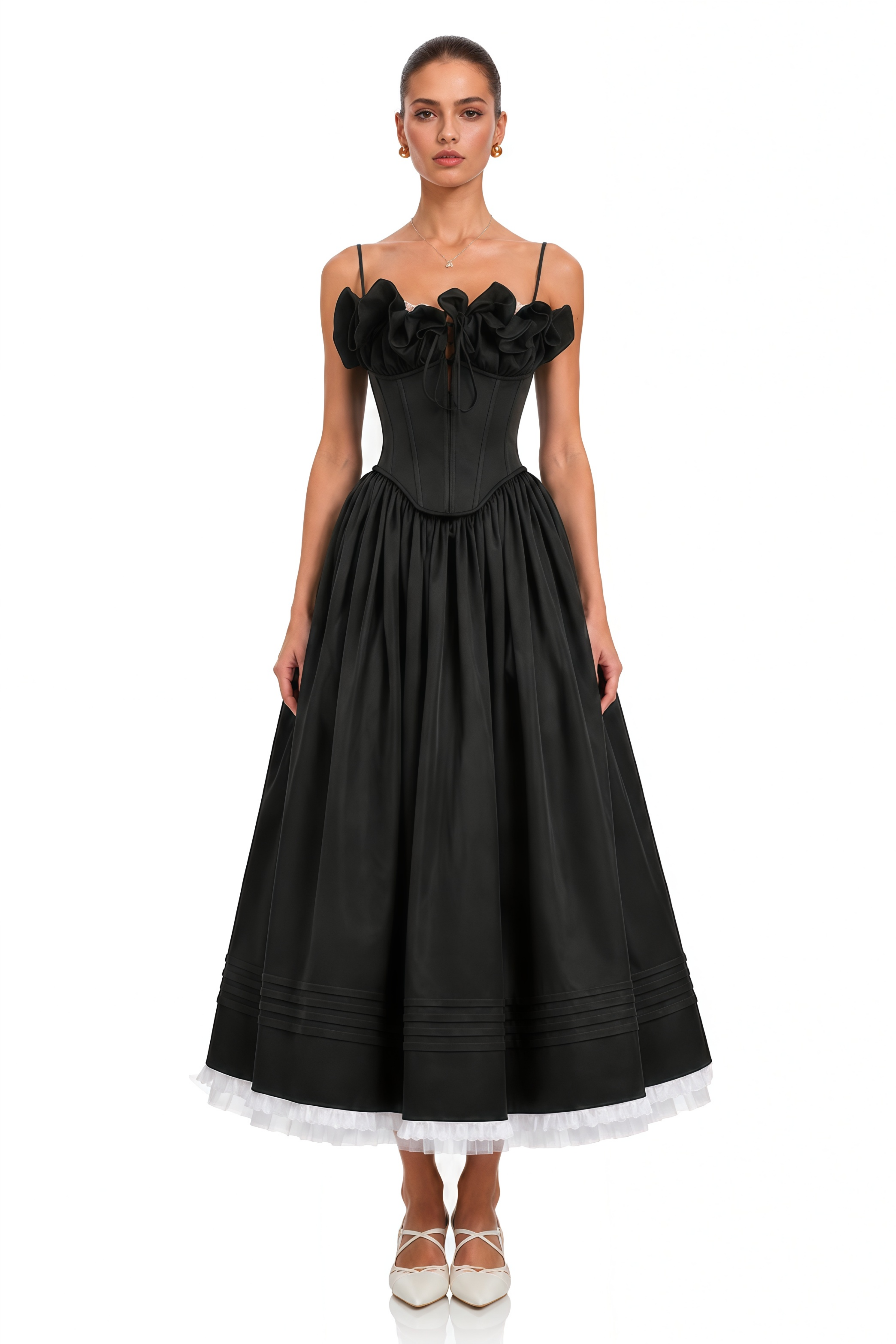 Robe longue corset noire Evelina à bretelles fines