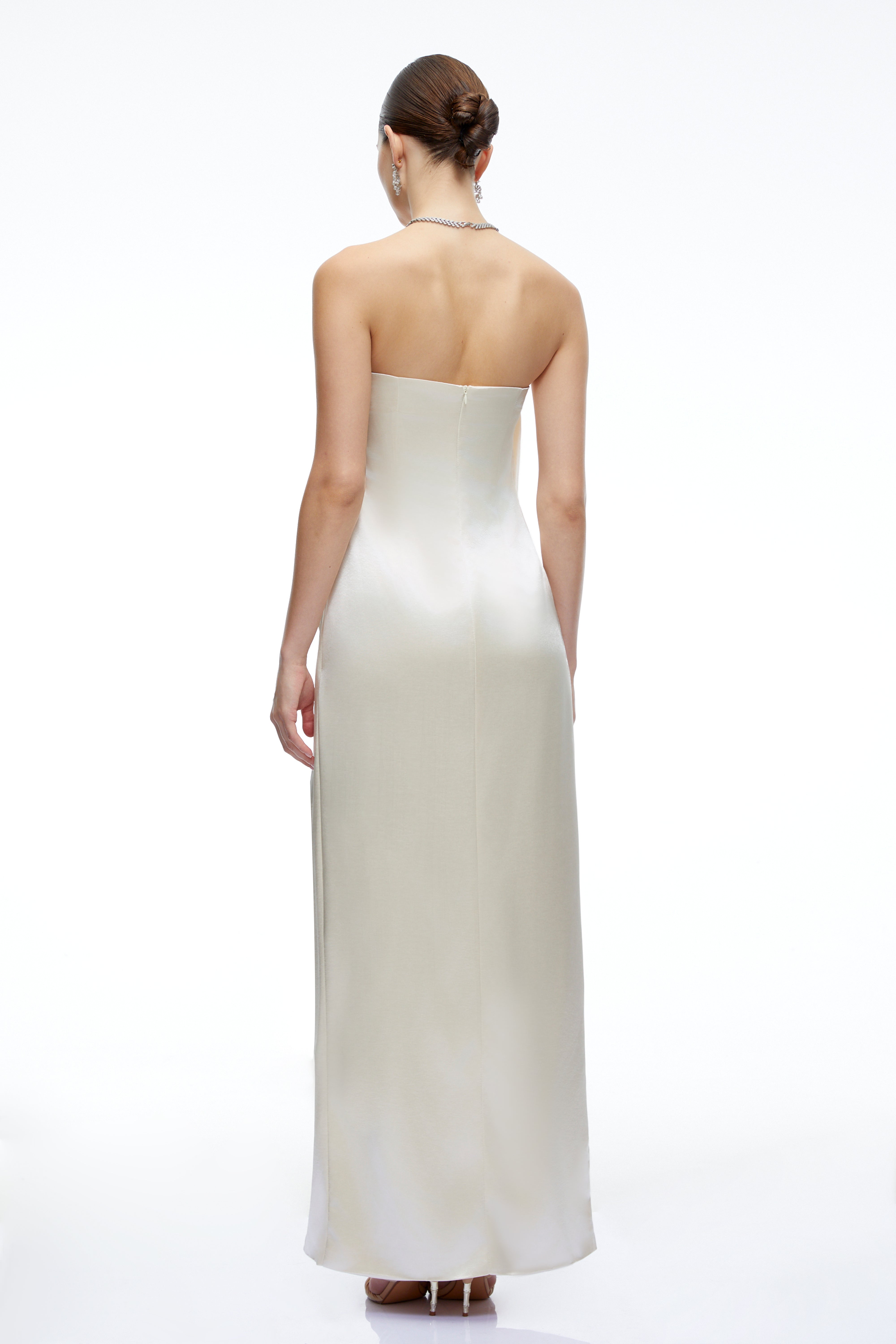 Faustine Champagne Satin Strapless Maxi Dress with Slit
