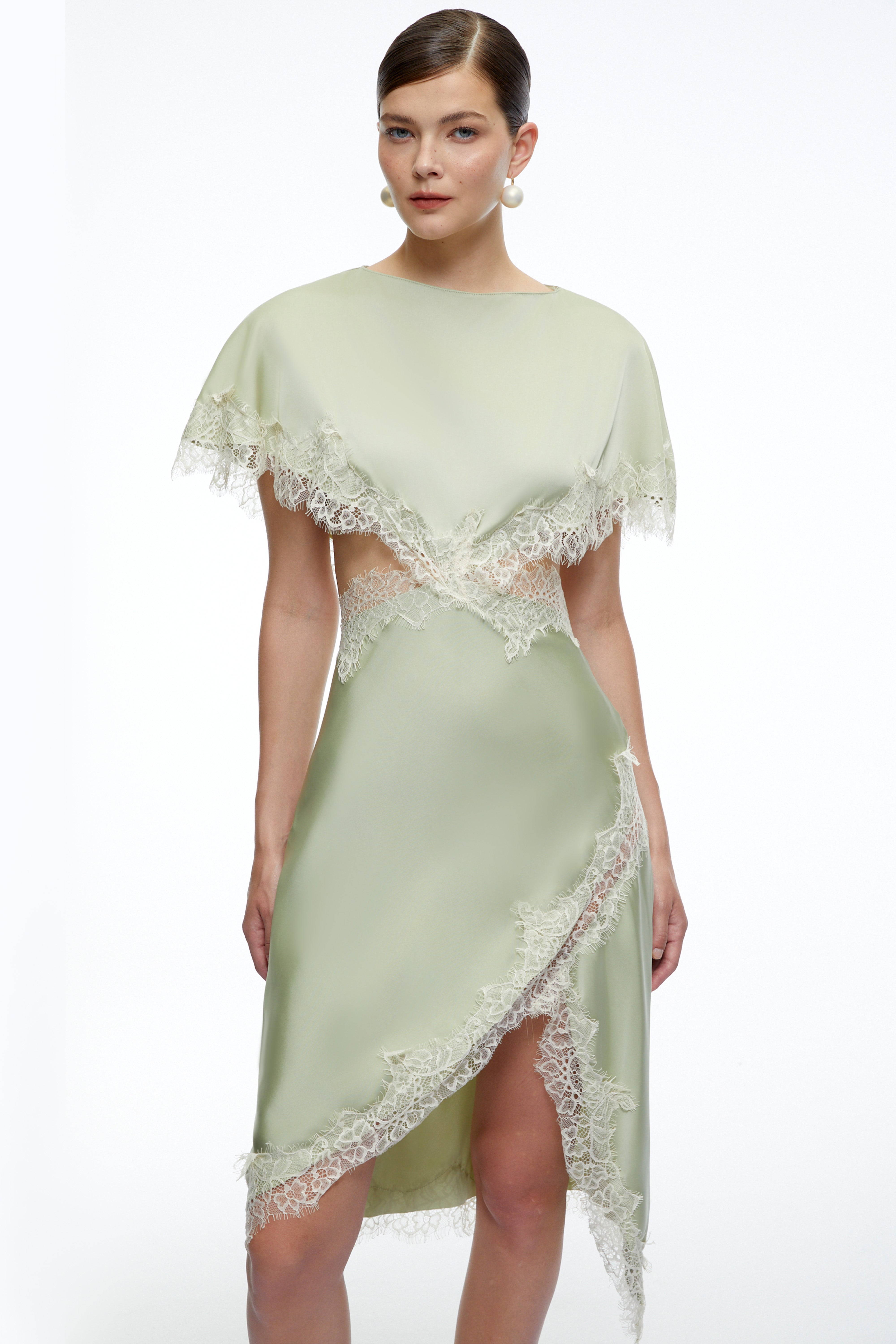 Faye Green Asymmetrical Midi Dress With Lace Trim