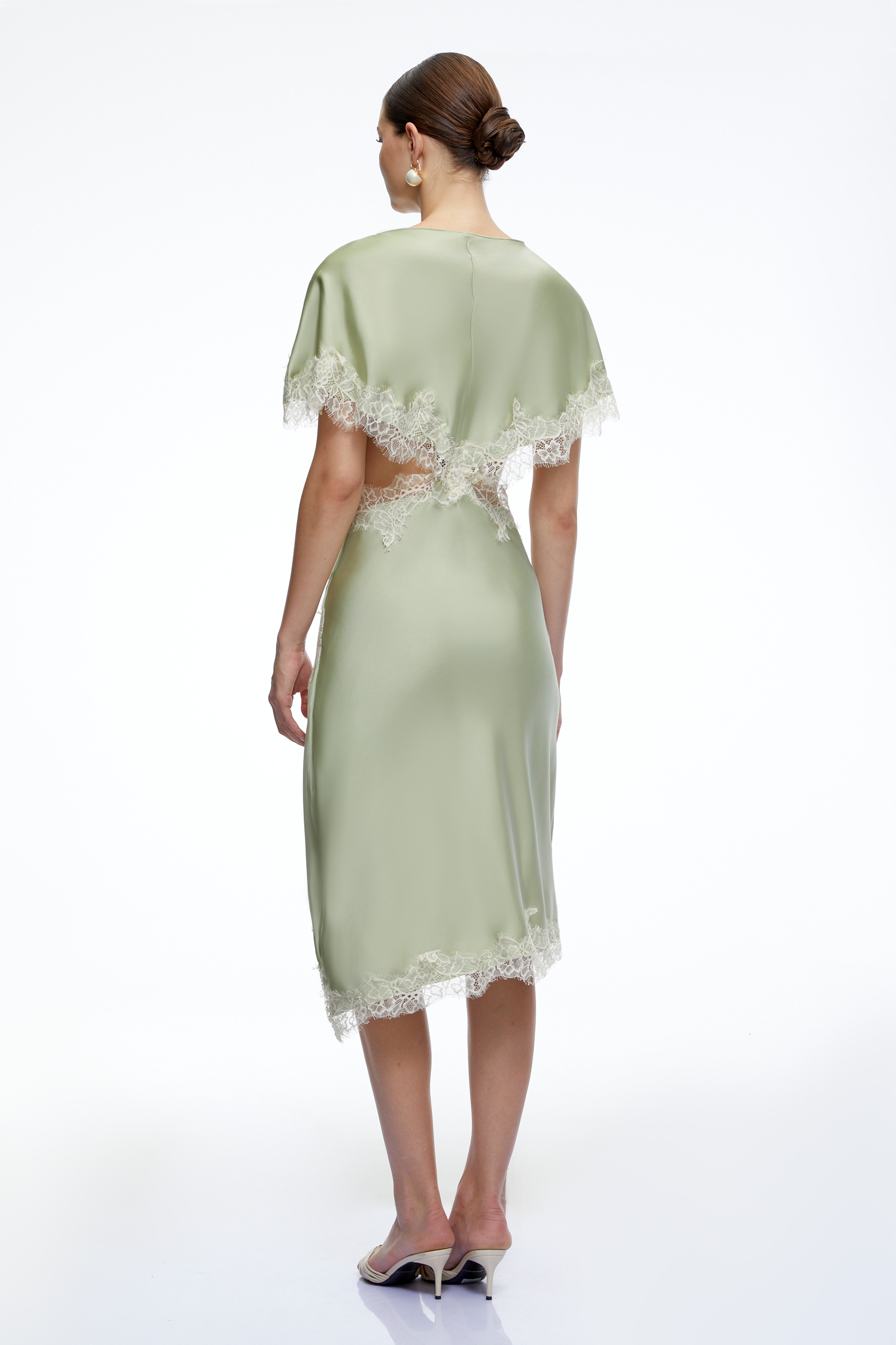 Faye Green Asymmetrical Midi Dress With Lace Trim
