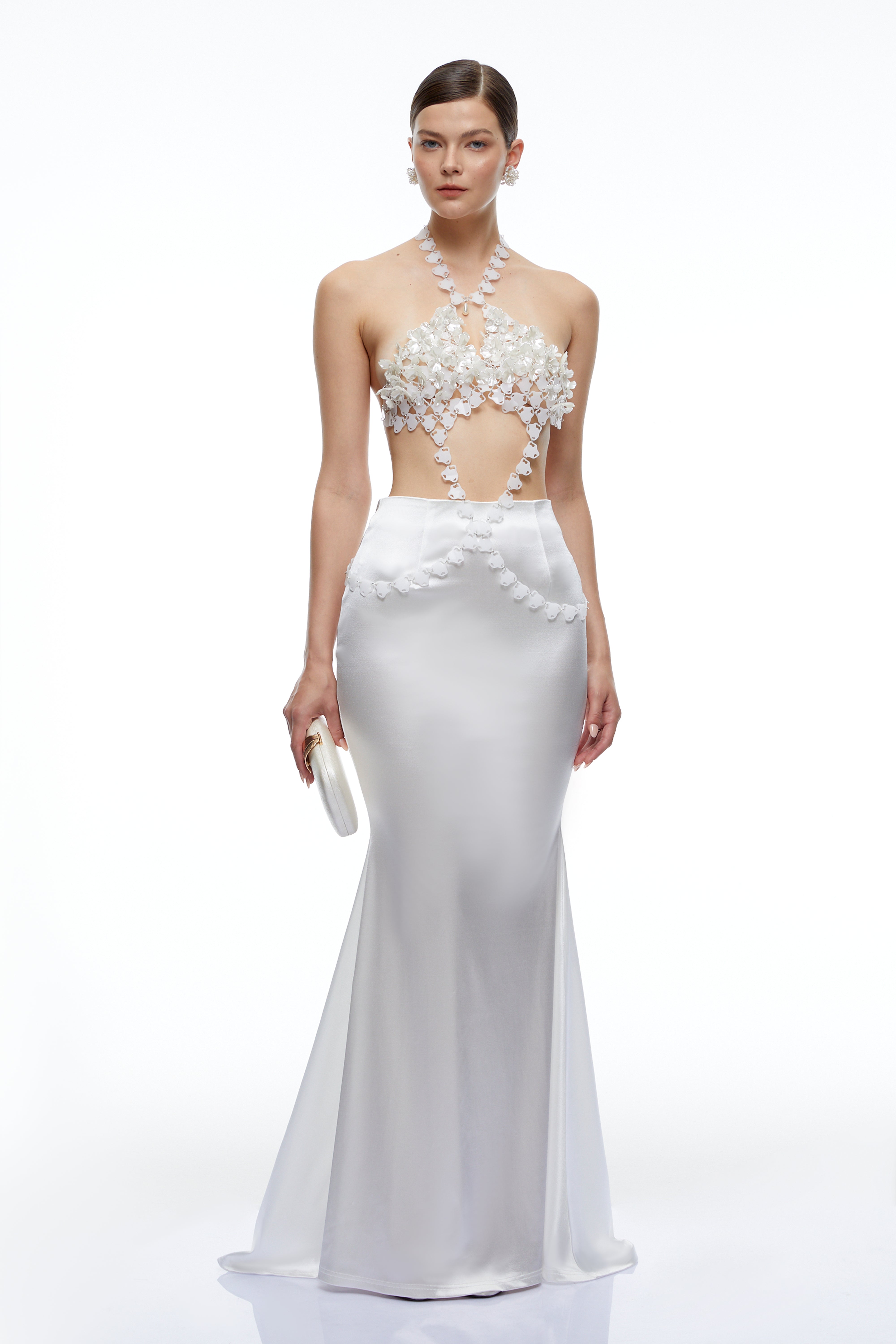 Faye White Halterneck Top & Skirt Set with Floral Applique