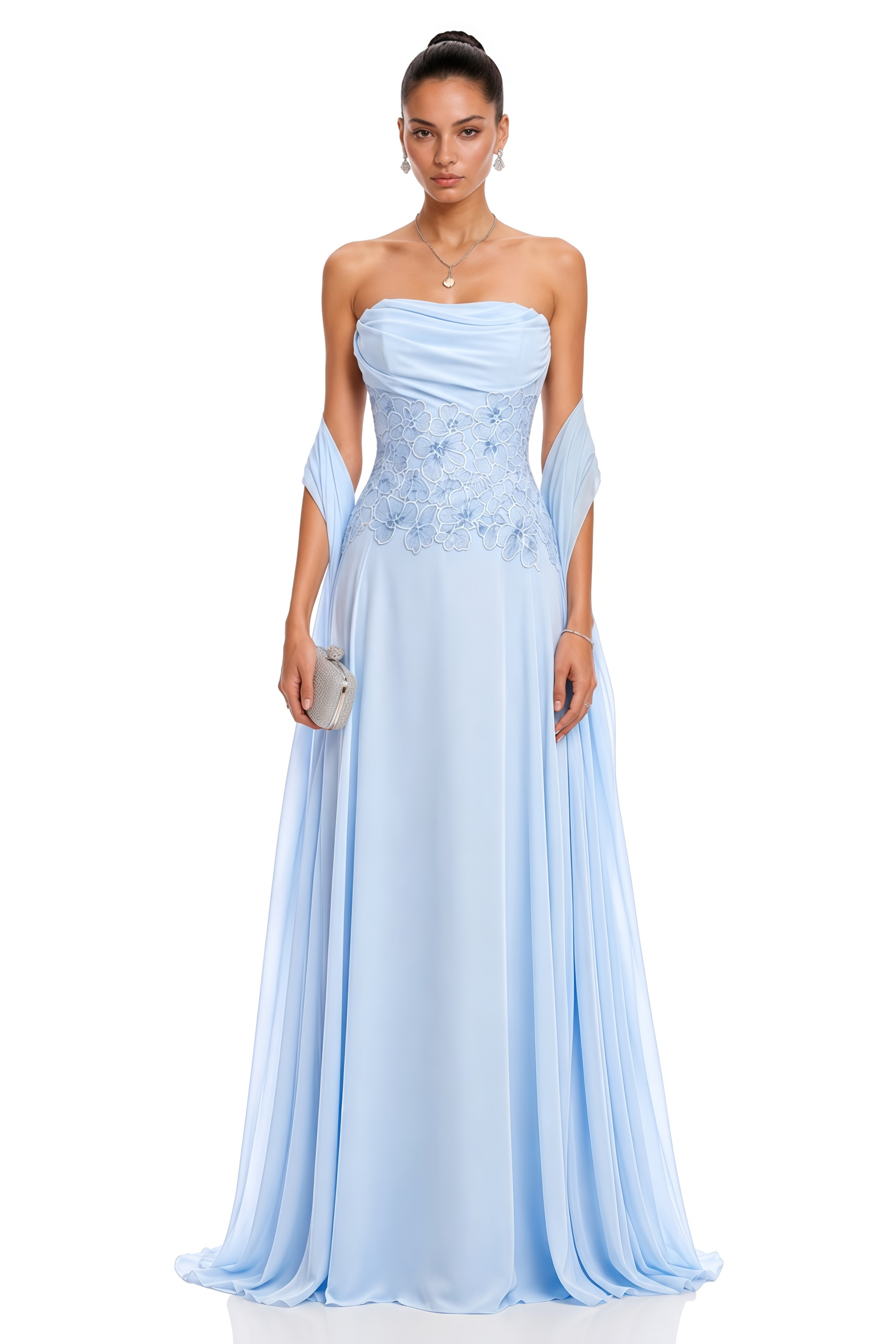 Felicie Blue Ruched Maxi Dress With Cape
