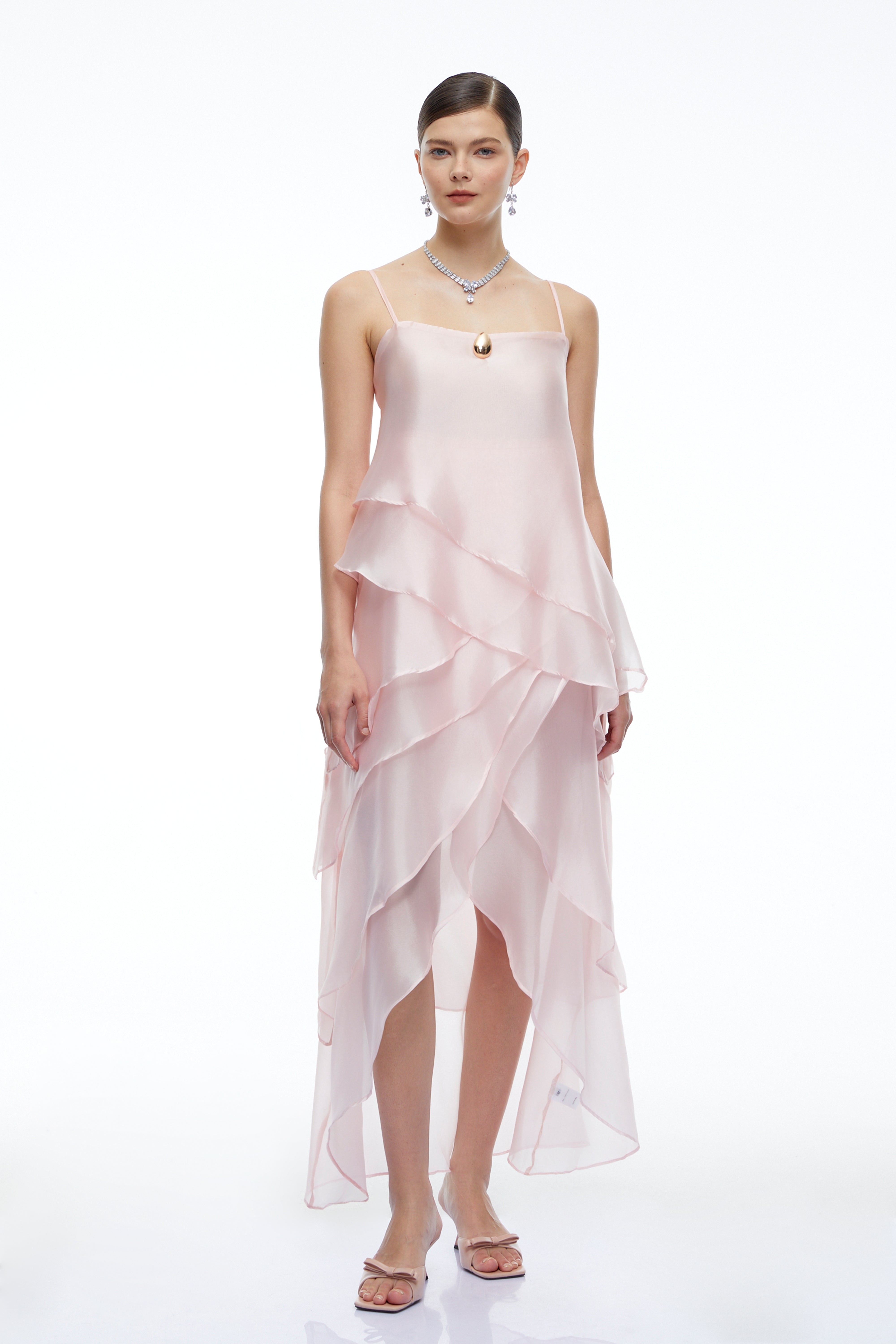 Fenella Pink Tiered Halterneck Midi Dress